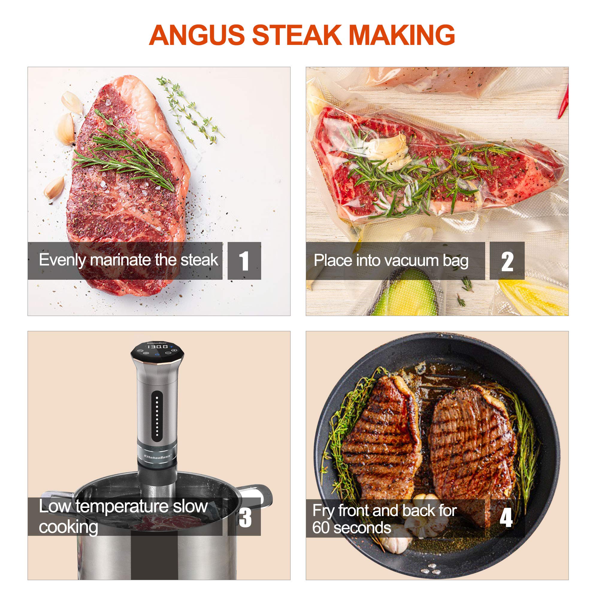 KitchenBoss Sous Vide Precision Cooker - 1100W Ultra-Quiet Immersion Circulator with IPX7 Waterproof, Digital Temperature Control & LED Display for Perfect Steak, Chicken, Fish - Ideal for Home Chefs & Professional Kitchens