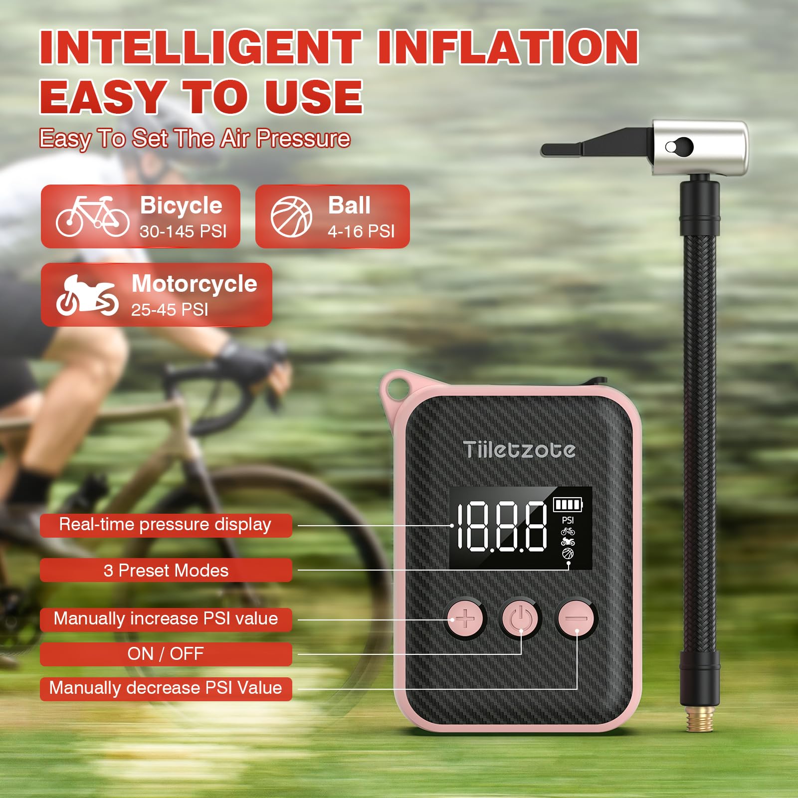 130 PSI Electric Mini Bike Pump - Portable Rechargeable Bicycle Tire Inflator with Pressure Gauge & Auto-Shutoff - Compatible with Presta & Schrader Valves - Perfect for Mountain, City, and Road Bikes - Ideal for Emergency Repairs, Commuting, and Outdoor Adventures