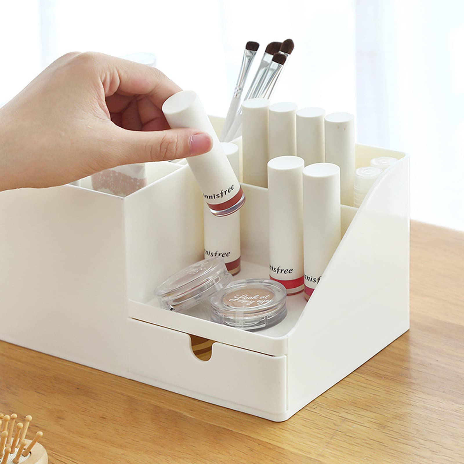 White Multifunctional Desk Organizer with Bookshelf & Drawer - Office Stationery Storage, Makeup Organizer, Bookends - Perfect for Home Office, Study Desk, and Beauty Vanity (Small, Beige)