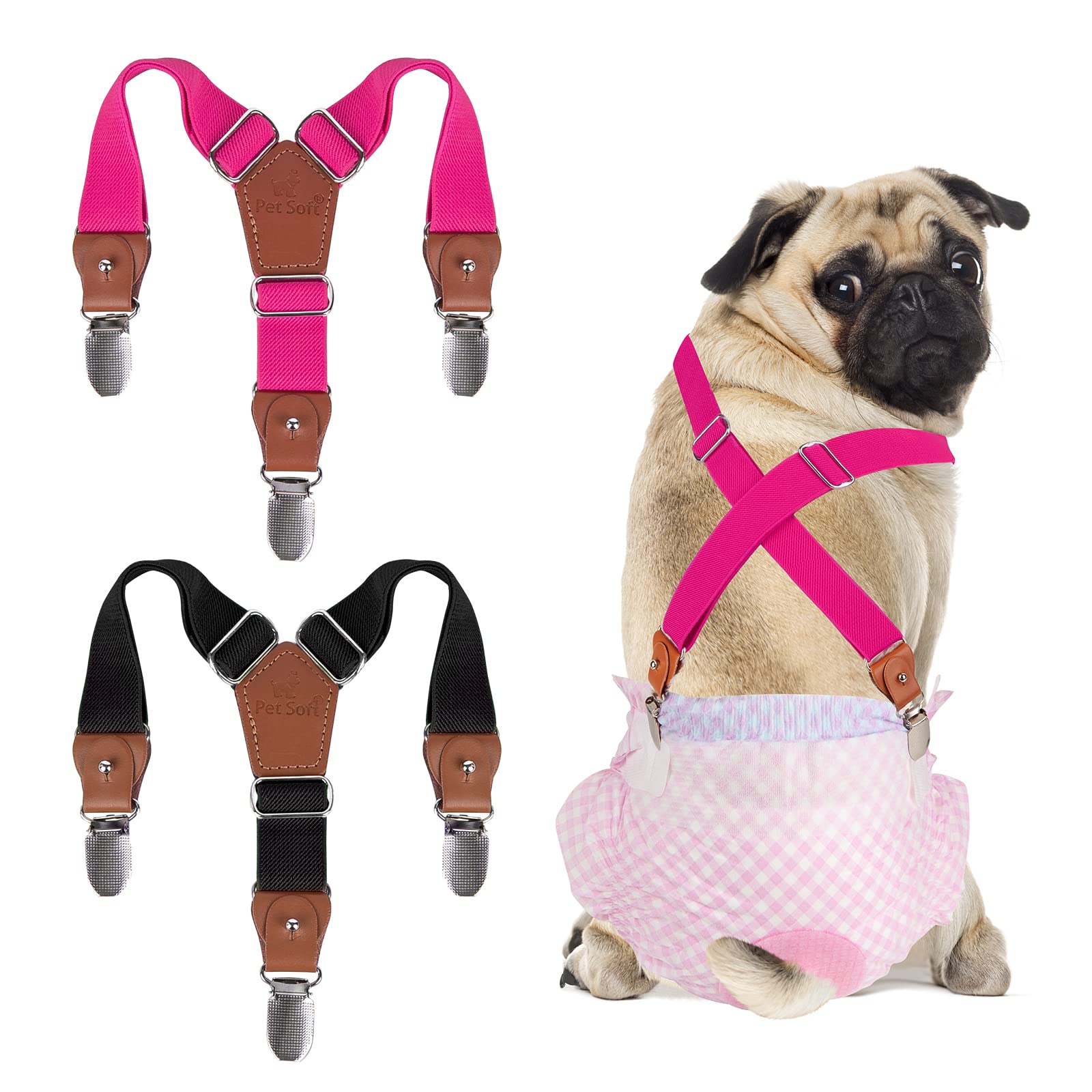 Pet Soft Dog Suspenders 2-Pack - Adjustable Diaper Suspenders for Small Dogs, XS/S Size - Black & Pink - Perfect for Dog Dresses, Skirts & Diaper Security - Great for Puppy Training, Fashion Outfits & Special Occasions