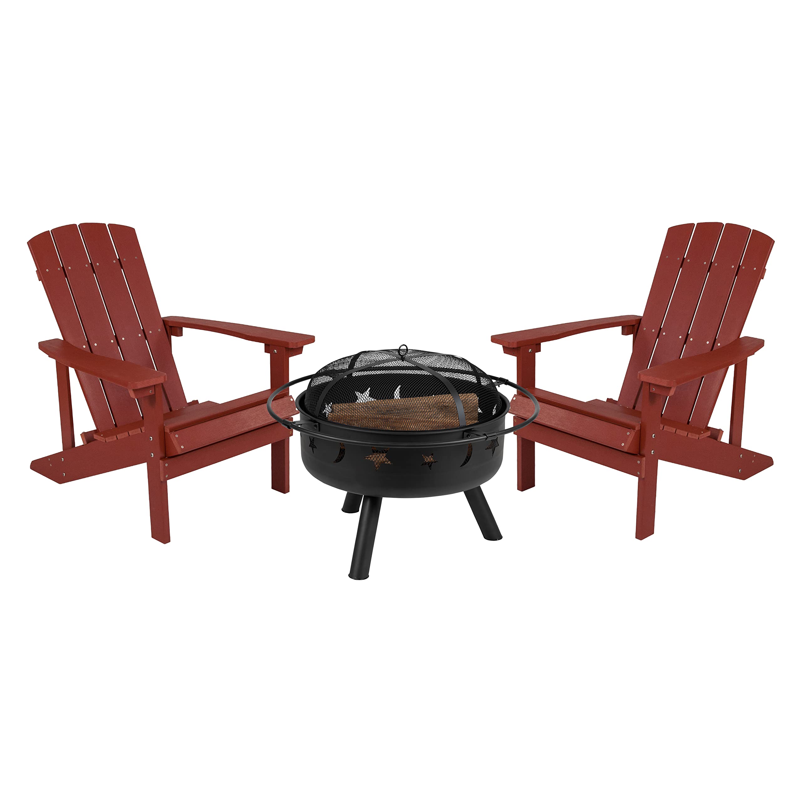 **EMMA + OLIVER Campfire Set - 2 Red Poly Resin Adirondack Chairs & 29