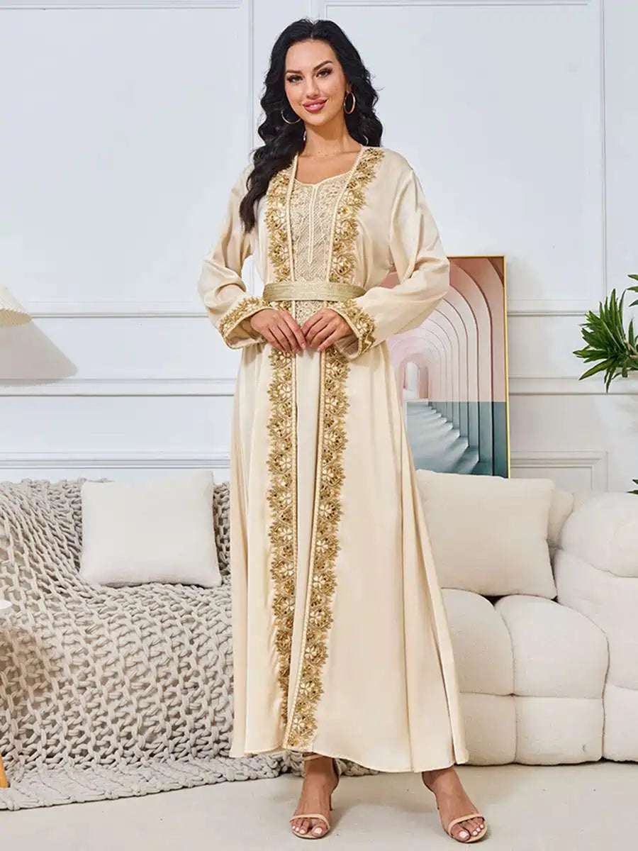 Elegant Beaded 2-Piece Eid Dress Set - Flowy Caftan Kaftan with Sleeveless Inner Dress #25269 | Perfect for Eid Celebrations, Weddings & Special Occasions