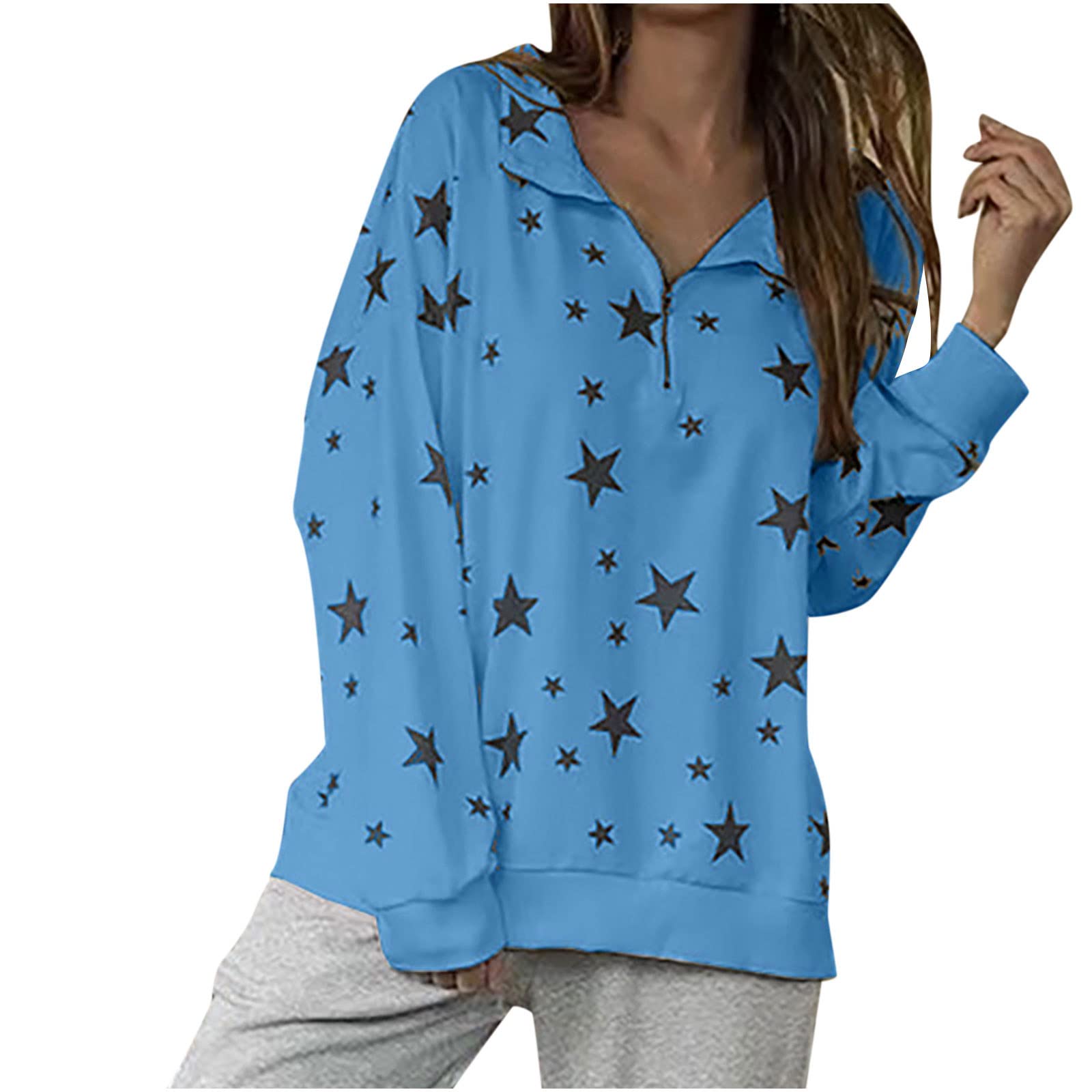 Women's Printed Long Sleeve Lapel Zipper Pullover Sweatshirt - Casual Blouse & T-Shirt Top for Fall - Perfect for Work, Date Night and Weekend Outings