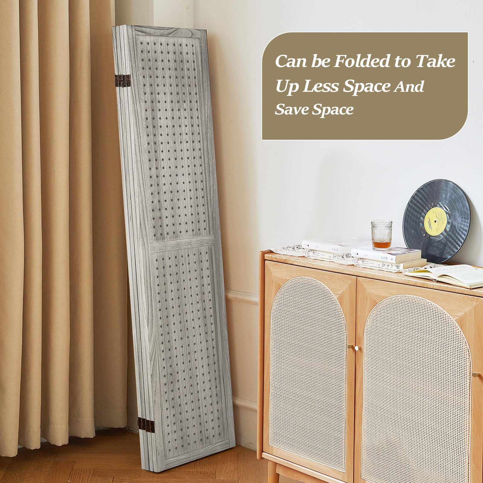 4 Panel Wooden Room Divider - 5.6Ft Folding Privacy Screen & Pegboard Display for Bedroom, Store, Jewelry Organizer | Portable Partition for Home Office, Retail Shop & Event Booth (White)