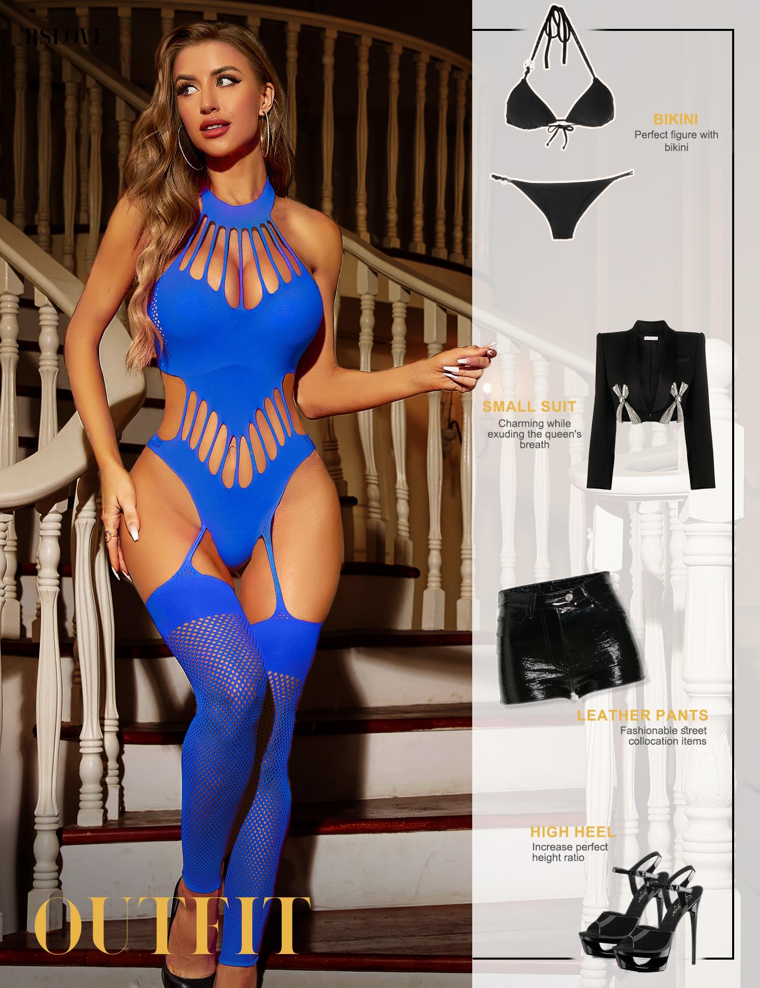 RSLOVE Women's Sexy Fishnet Bodystocking Lingerie - Halterneck Sleeveless Lace Bodysuit with Footless Stockings | Perfect for Valentine's Day, Boudoir Photography & Romantic Nights