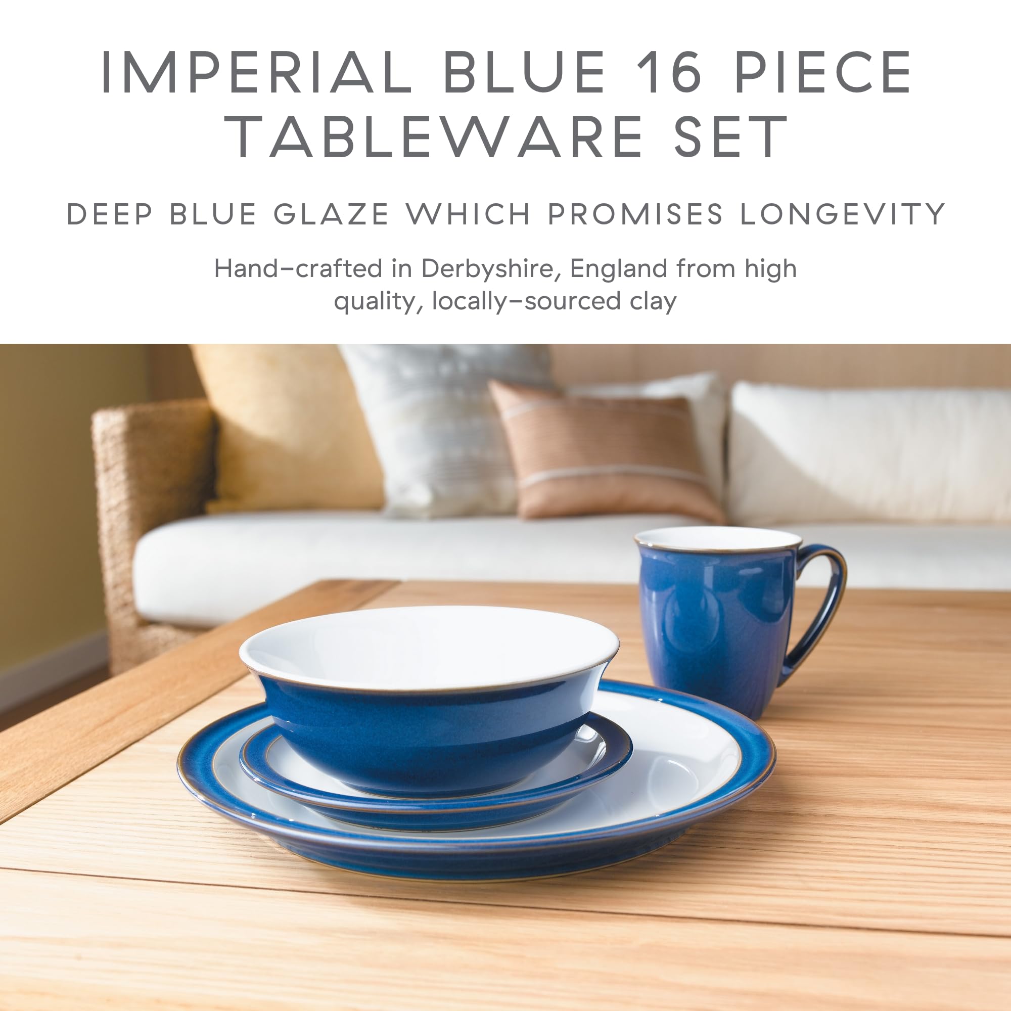 Denby Imperial Blue 16-Piece Ceramic Dinner Set - 4 Dinner Plates, 4 Side Plates, 4 Cereal Bowls & 4 Coffee Mugs - Dishwasher & Microwave Safe Tableware - Elegant Blue & White Crockery for Family Dining & Entertaining