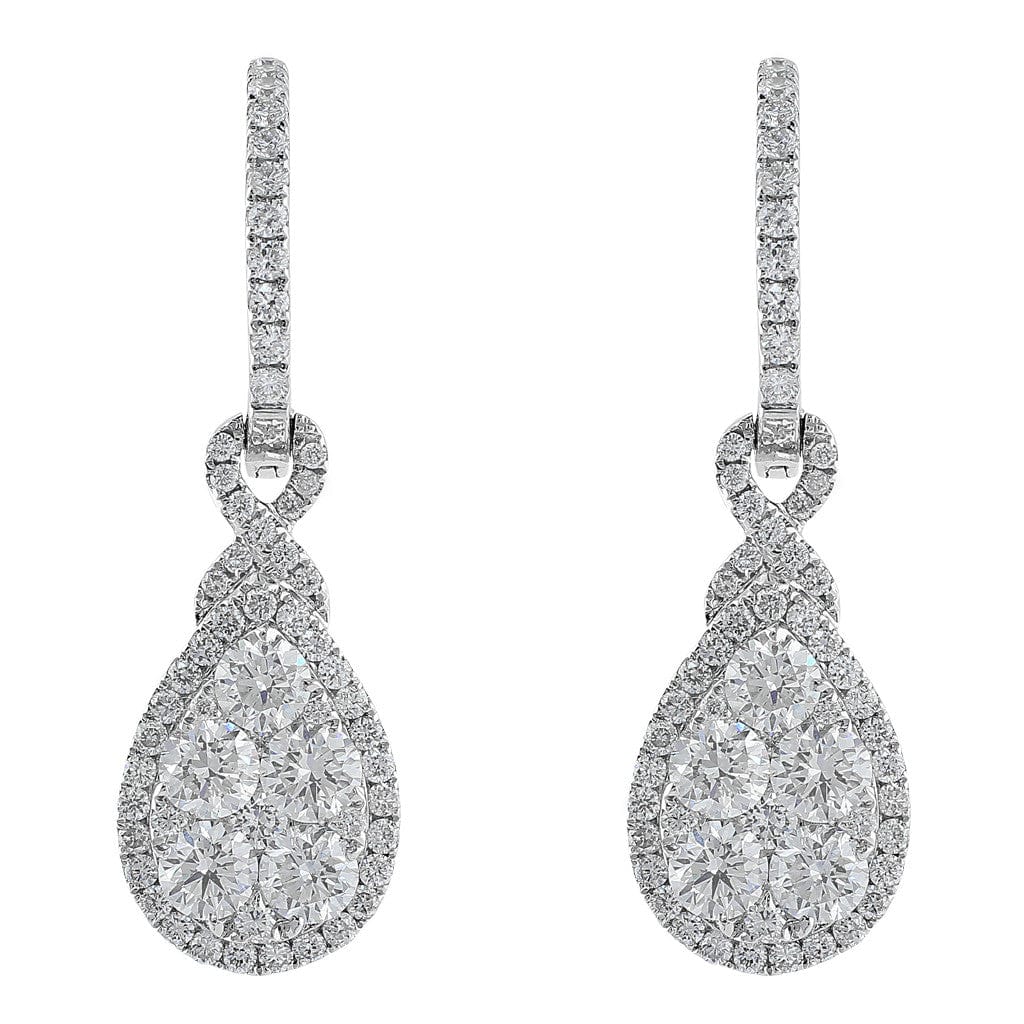 18K White Gold Diamond Cluster Teardrop Earrings for Women - Elegant Dangle Drop Earrings for Wedding, Party & Special Occasions