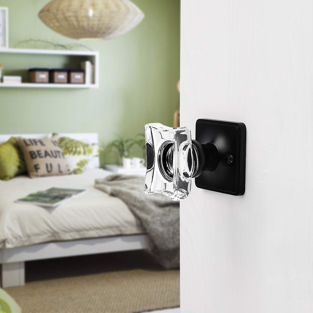 Gobrico 2 Pack Matte Black Crystal Passage Doorknobs with Square Rosette - Diamond Glass Door Handles for Interior Hallway, Closet & Pantry Doors - Perfect for Home, Office & Commercial Spaces