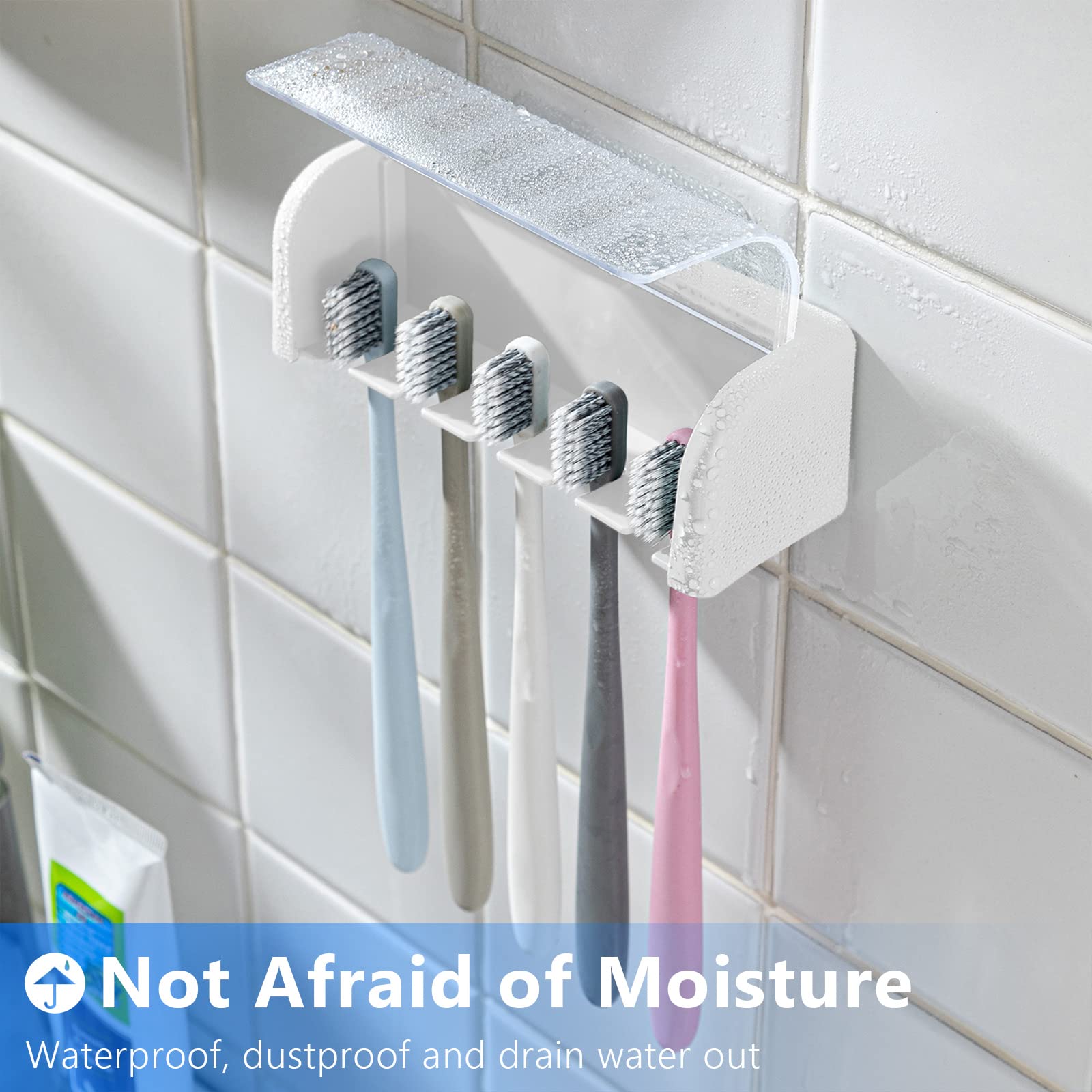 5-Slot Wall Mount Toothbrush Holder with Cover - Self-Adhesive Bathroom Organizer for Toothbrushes (White) | Perfect for Dorm, Apartment & Shower Storage - Holds 5 Toothbrushes Hygienically
