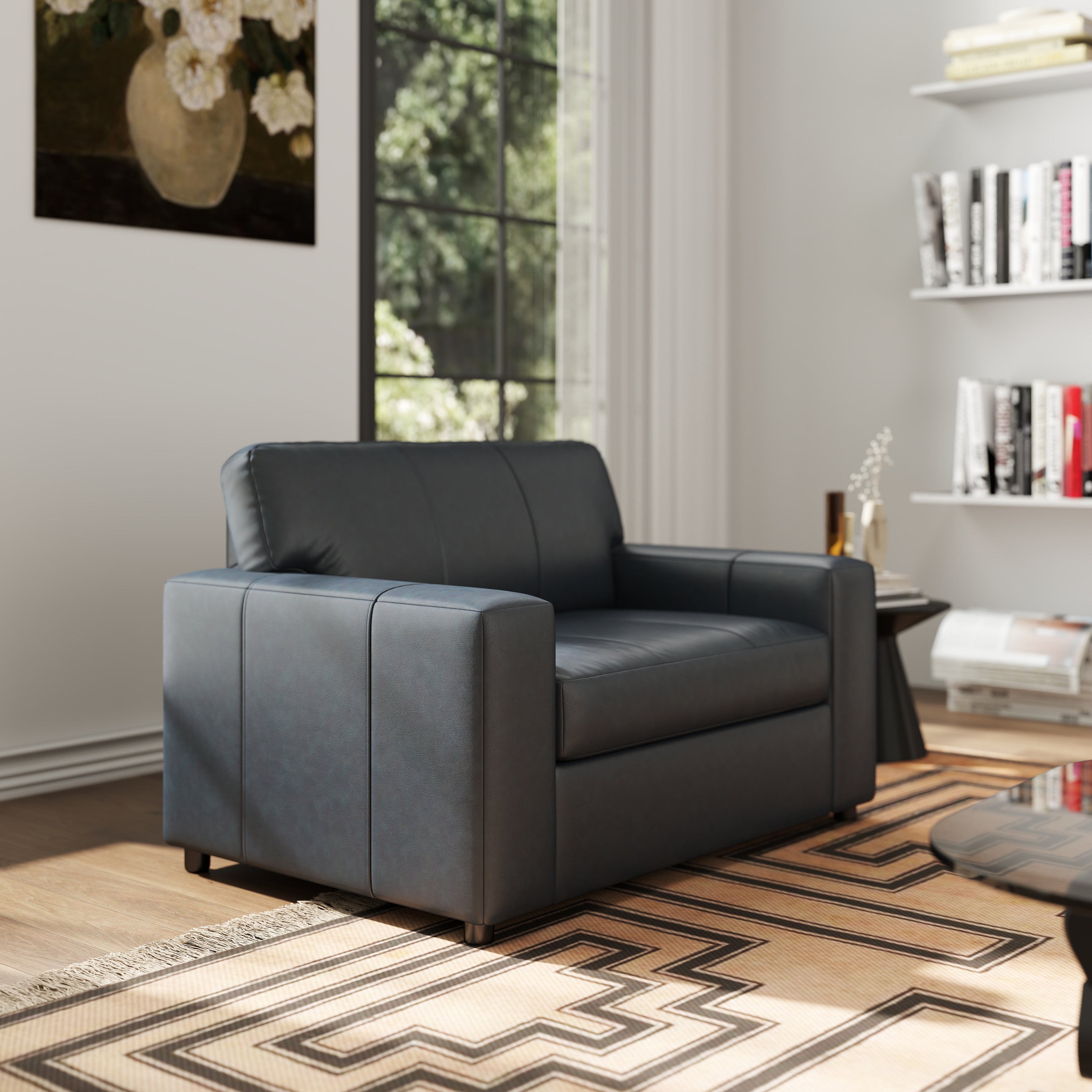 Roundhill Furniture Sakan Genuine Leather Upholstered Cutler Lounge Chair - Modern Living Room Accent Chair for Home Office & Reading Nook
