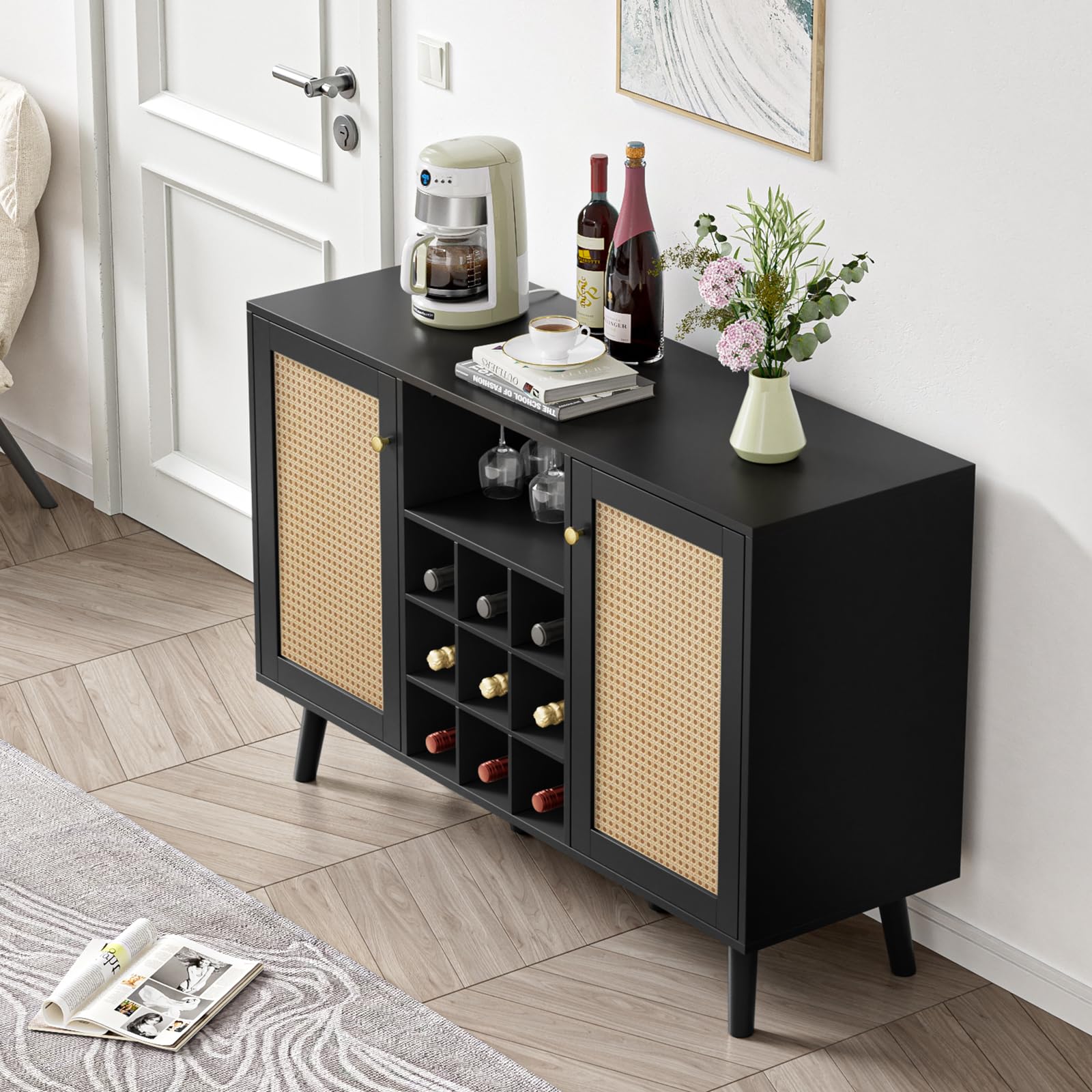 Giluta Kitchen Island - Farmhouse Style Coffee Bar Cabinet with Storage, Sideboard Buffet Cupboard for Dining Room & Kitchen, Black - Perfect for Small Spaces & Entertaining Guests