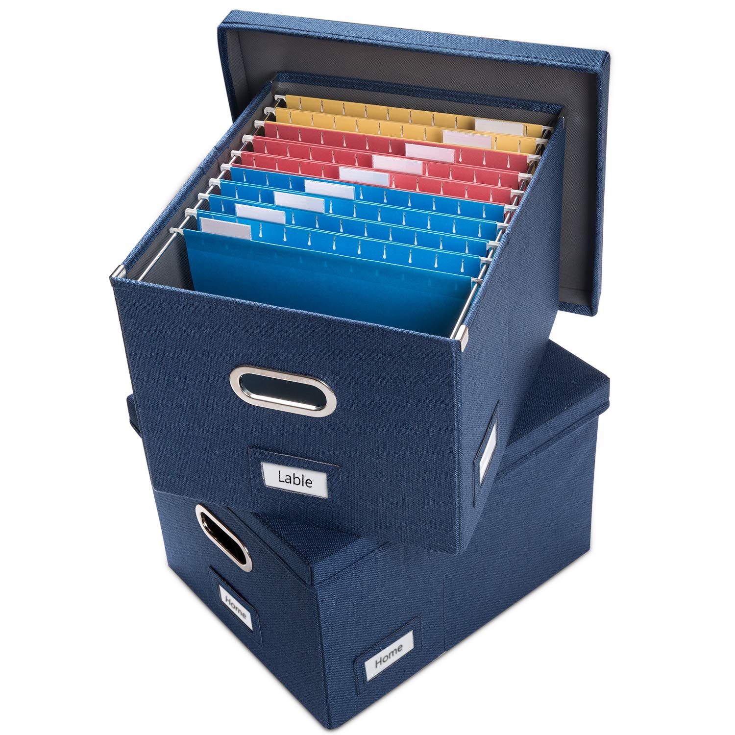 PRANDOM File Organizer Box Set of 2 - Collapsible Linen Storage Bins with Lids for Office, Home & School - Letter/Legal Size Hanging File Folders (17x14x11.2 Inch, Navy Blue) - Perfect for Desk Organization, Document Storage & Cabinet Filing