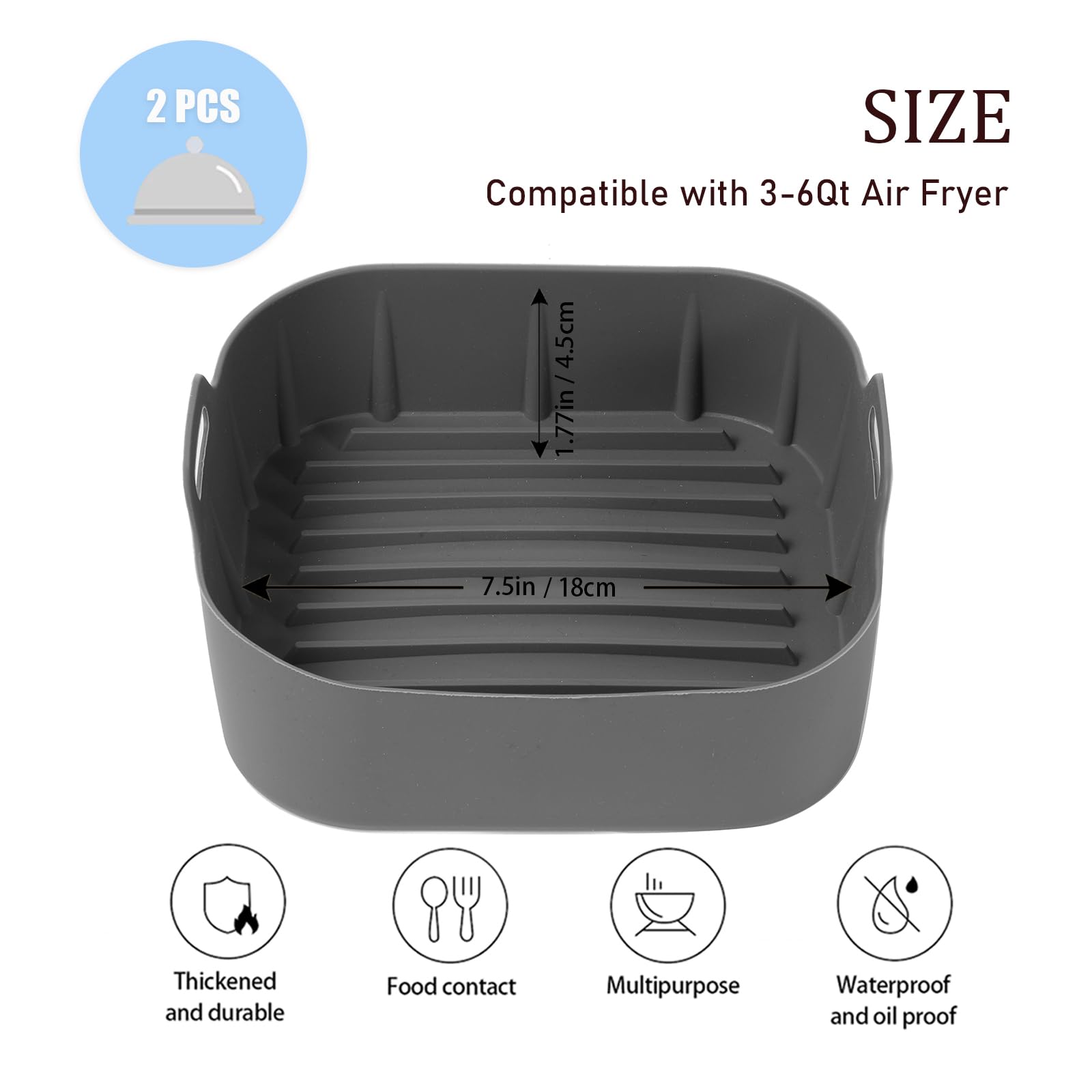 Non-Stick Air Fryer Silicone Liners - 2 Pack Reusable Square Basket Bowl for 3-6QT Air Fryers (7.5 Inch) - Safe Parchment Paper Replacement for Healthy Cooking | Perfect for Baking, Roasting & Meal Prep