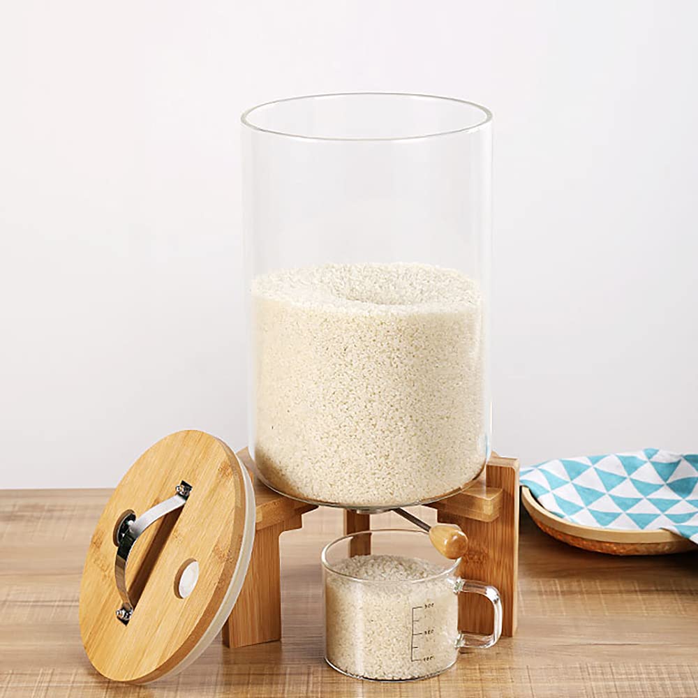Premium Glass Rice Storage Container with Measuring Cup & Wooden Stand - 7.5L Clear Airtight Cereal Dispenser for Kitchen Pantry Organization - Perfect for Storing Rice, Grains, Pasta & Dry Food in Modern Homes