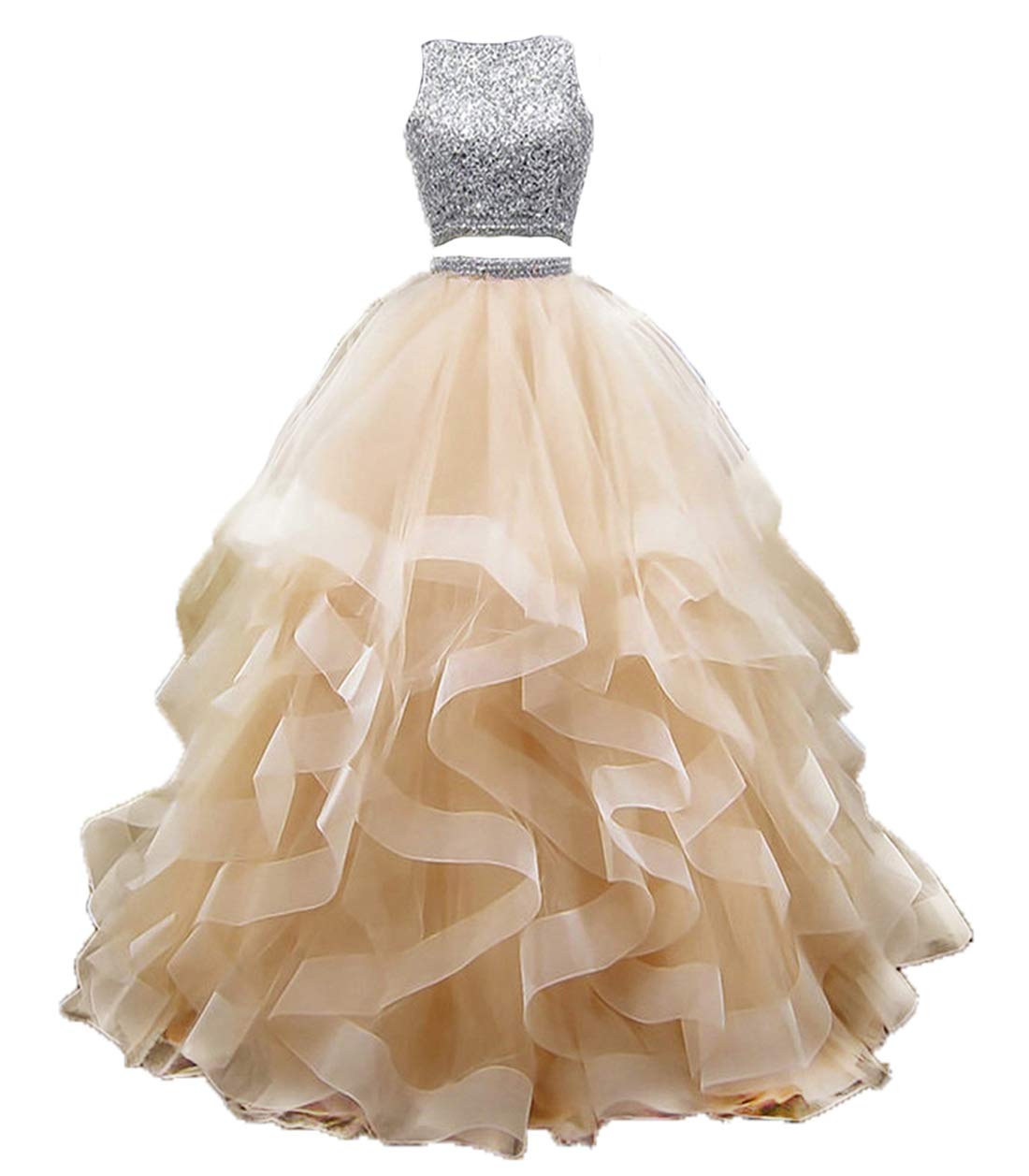 KaBuNi 2 Piece Prom Dress Long Beaded Quinceanera Dress - Elegant Layered Ruffle Tulle Sweet 16 Ball Gown for Homecoming, Wedding, Pageant & Formal Events