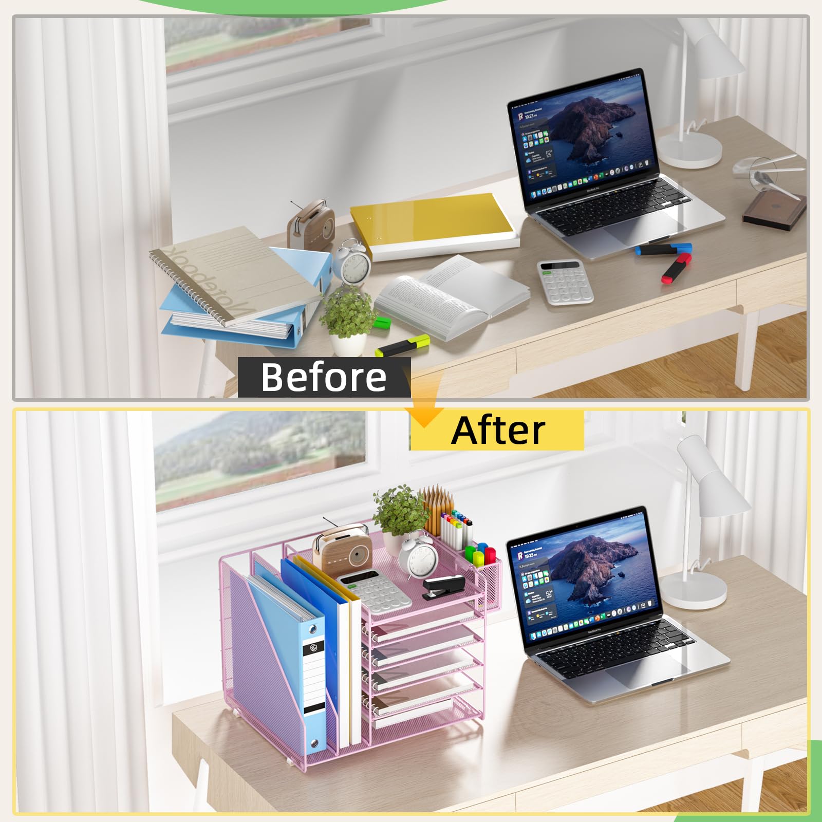 6-Tier Mesh File Organizer for Desk with File & Pen Holder - Office Desk Accessories & Workspace Organizer (Pink) - Perfect for Home Office, School & Workspace Organization