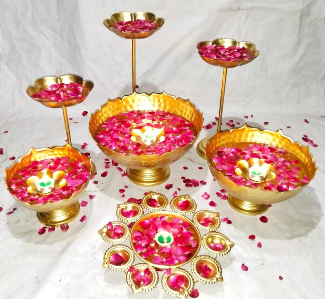 Handmade Decorative Metal Floral Urli Bowl with Diya - Traditional Indian Candle Stand for Home Decor, Wedding & Festival Decorations