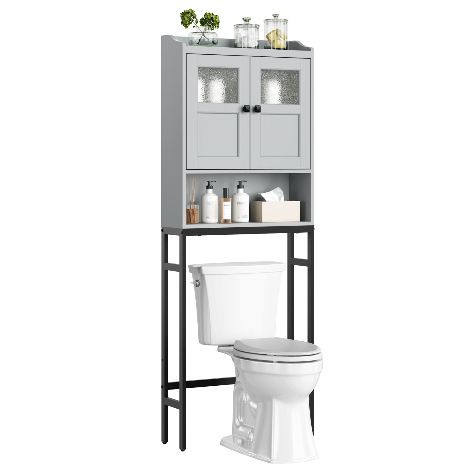 Over The Toilet Storage Cabinet with Double Doors - Bathroom Organizer Shelf with Soft Hinges, Space-Saving Above Toilet Storage Unit (Gray) - Perfect for Small Bathrooms, Apartments & Dorm Rooms