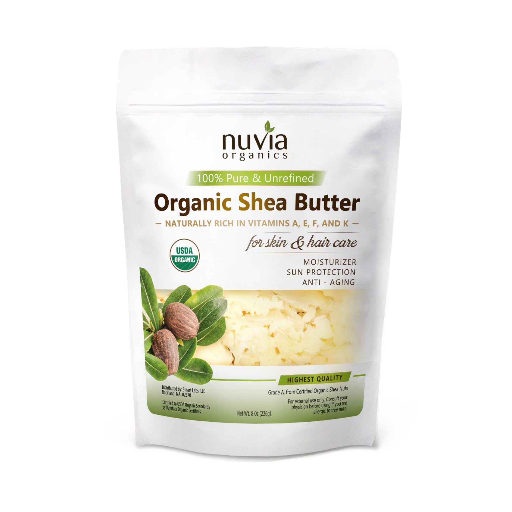 USDA Certified Organic Shea Butter - Virgin Unrefined, Raw, Grade A, 8oz for Skin & Hair Care, DIY Beauty Products