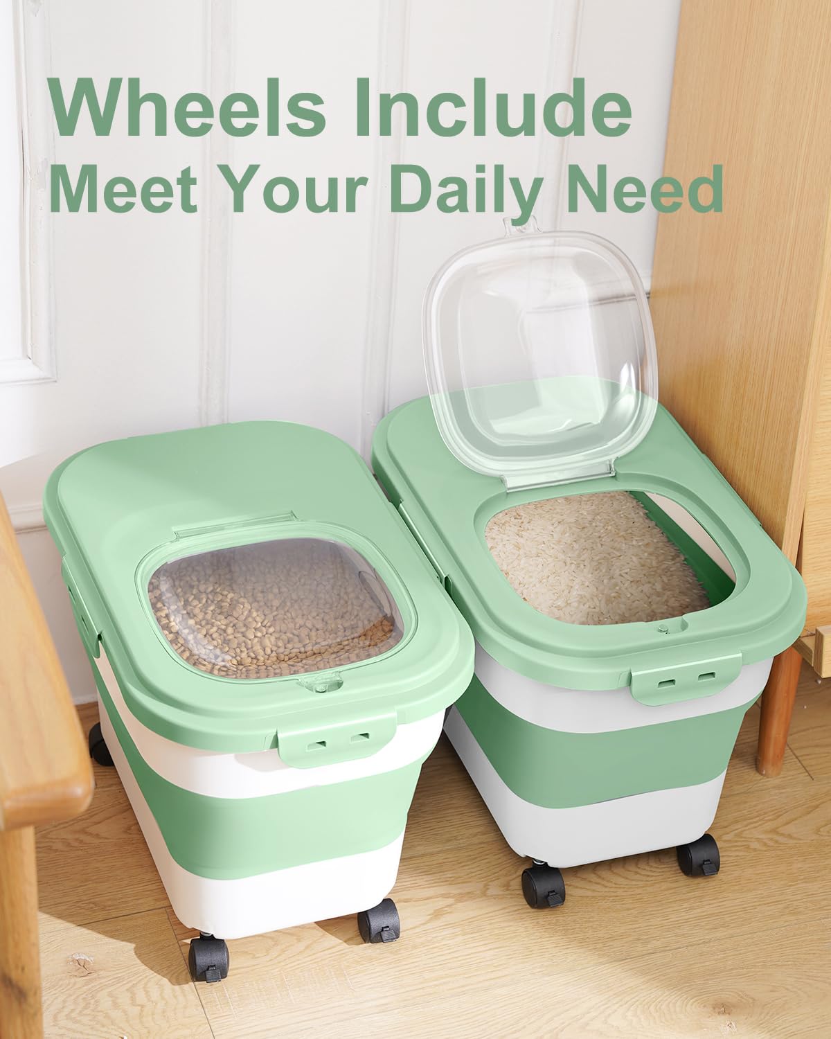 20-30 Lbs Airtight Collapsible Rice Storage Container with Rolling Wheels & Locking Lid - Flour & Pet Food Storage Bin with Measuring Cup & Scoop - Ideal for Kitchen, Pantry, Camping & Bulk Food Organization