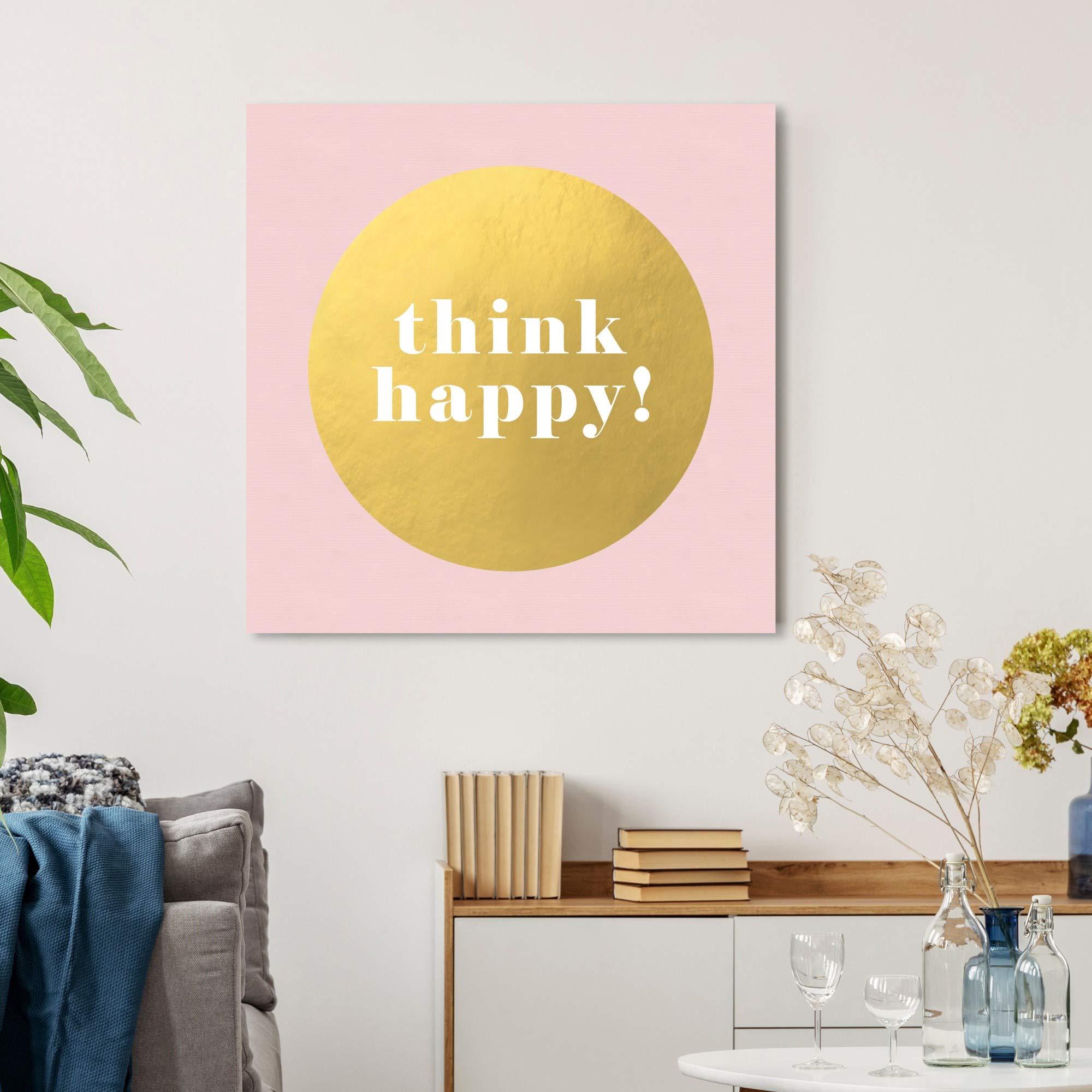 Oliver Gal Artist Co. 'Think Happy' Gold & Pink Wall Art Canvas Print - 24x24 Inch Inspirational Quote Home Decor for Living Room, Bedroom & Office