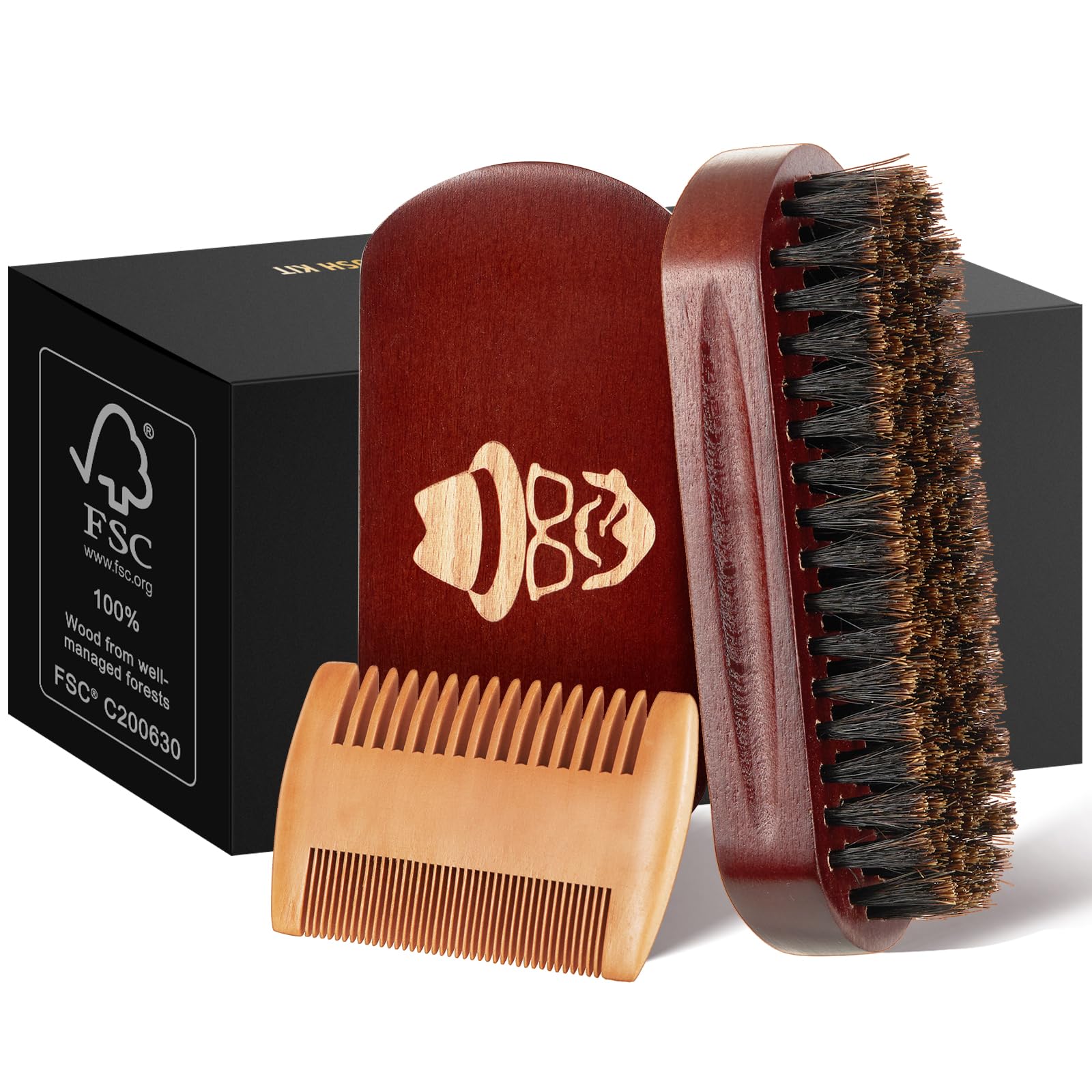 100% Boar Bristle Beard Brush & Comb Set - Natural Black Walnut Wood Mustache & Facial Hair Grooming Kit for Men - Perfect for Daily Styling, Trimming & Shaving Routine