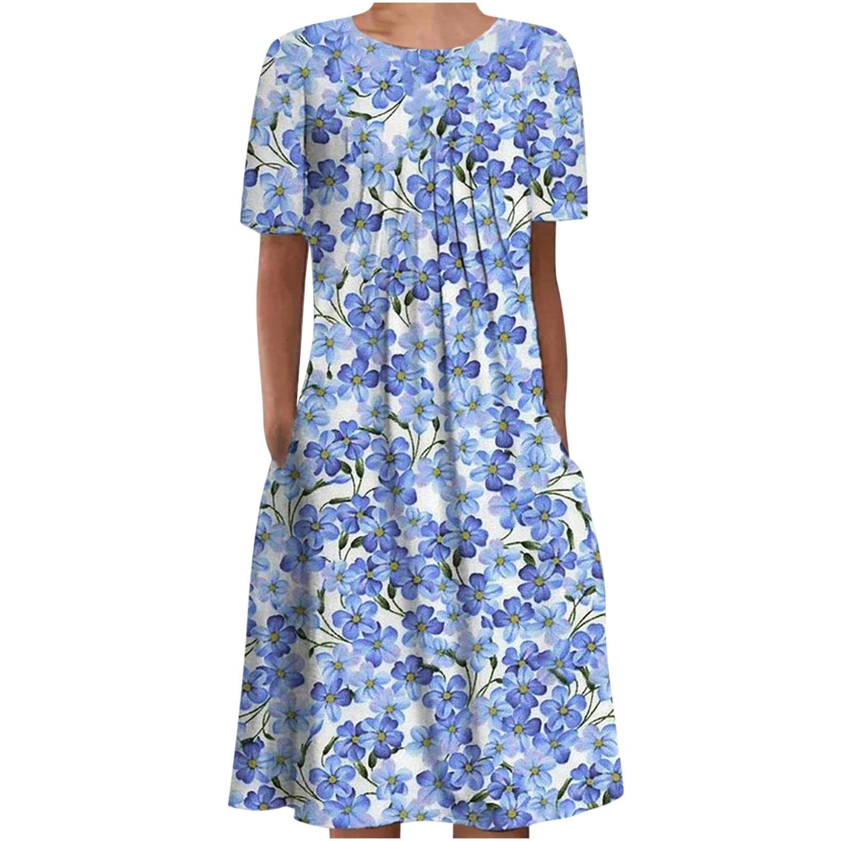 2022 Women's Summer Fashion Casual Short Sleeve Sundress - Floral Print Round Neck Flowy Pleated Dress for Beach, Vacation & Outdoor Activities