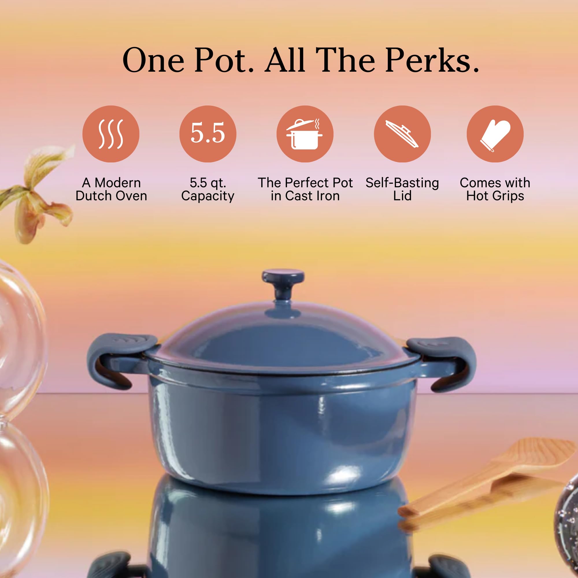 Our Place 6-in-1 Enameled Cast Iron Dutch Oven - 5.5 Quart Non-Toxic Cookware with Self-Basting Lid, Hot Grips & Beechwood Scraper - Induction & Oven Safe Blue Salt Pot - Perfect for Soups, Stews, Braising & Family Dinners