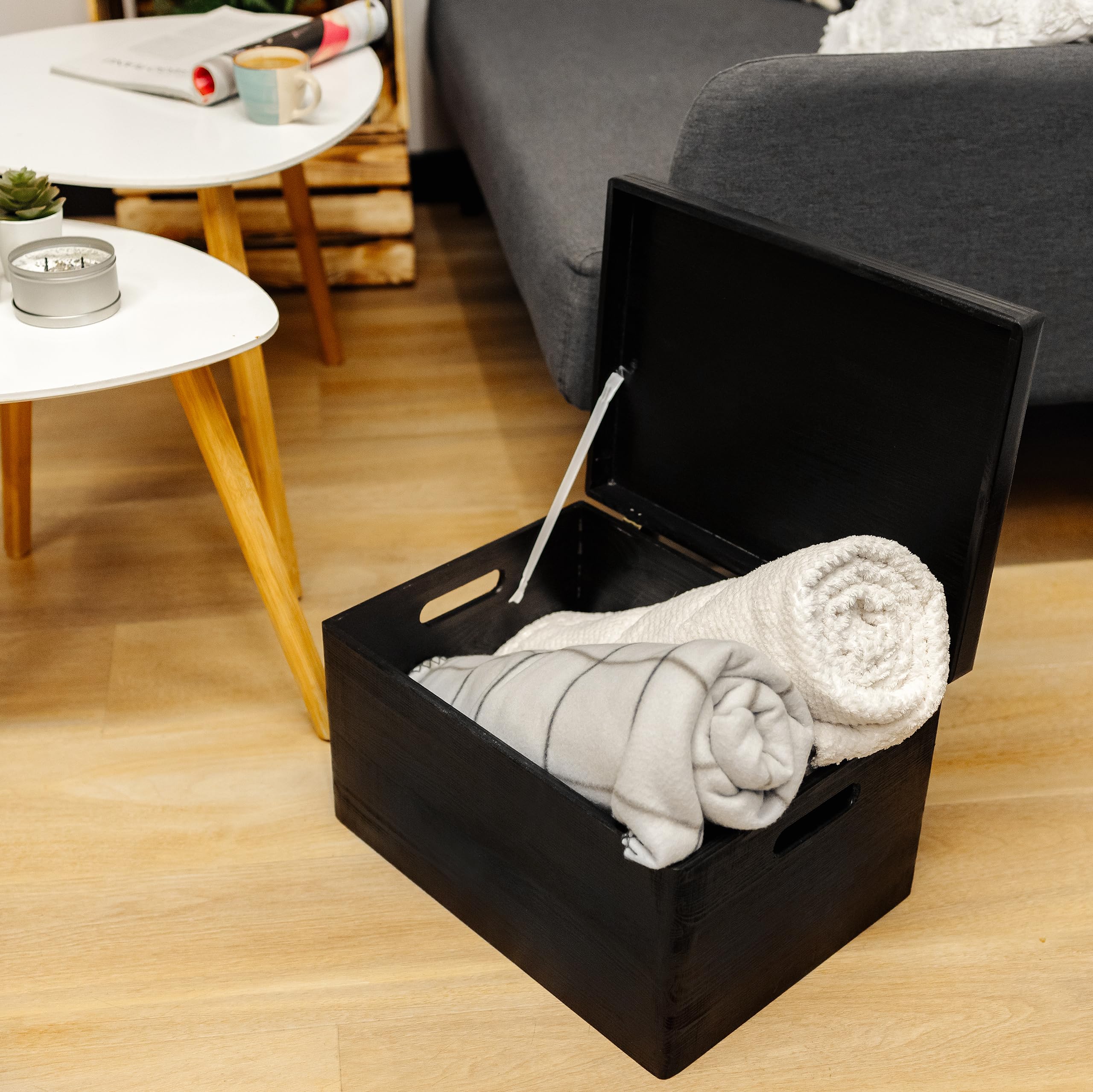 Large Black Wooden Storage Box with Hinged Lid - 15.8 x 11.8 x 9.44 Inches (±0.5) - Sturdy Handles - Perfect for Document Storage, Gift Wrapping & Home Organization - Ideal for Office, Living Room & Bedroom Decor