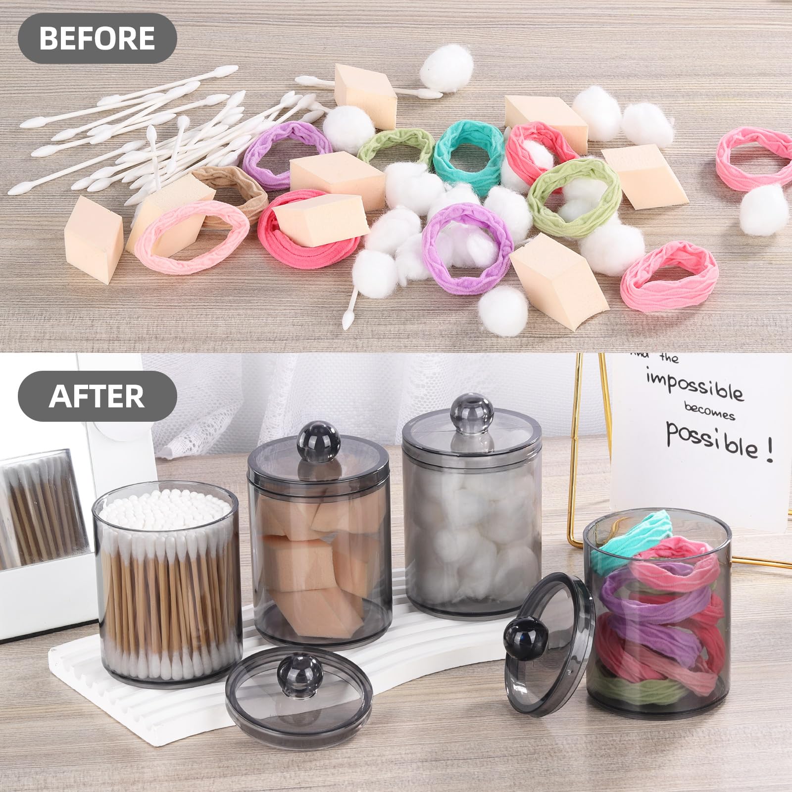Tbestmax 6-Pack 10oz Plastic Q-Tip Holder Dispenser with Lids - Black Apothecary Jars for Cotton Balls, Cotton Swabs & Dental Floss - Bathroom Organization & Storage Solution for Countertop, Vanity & Restroom Decor