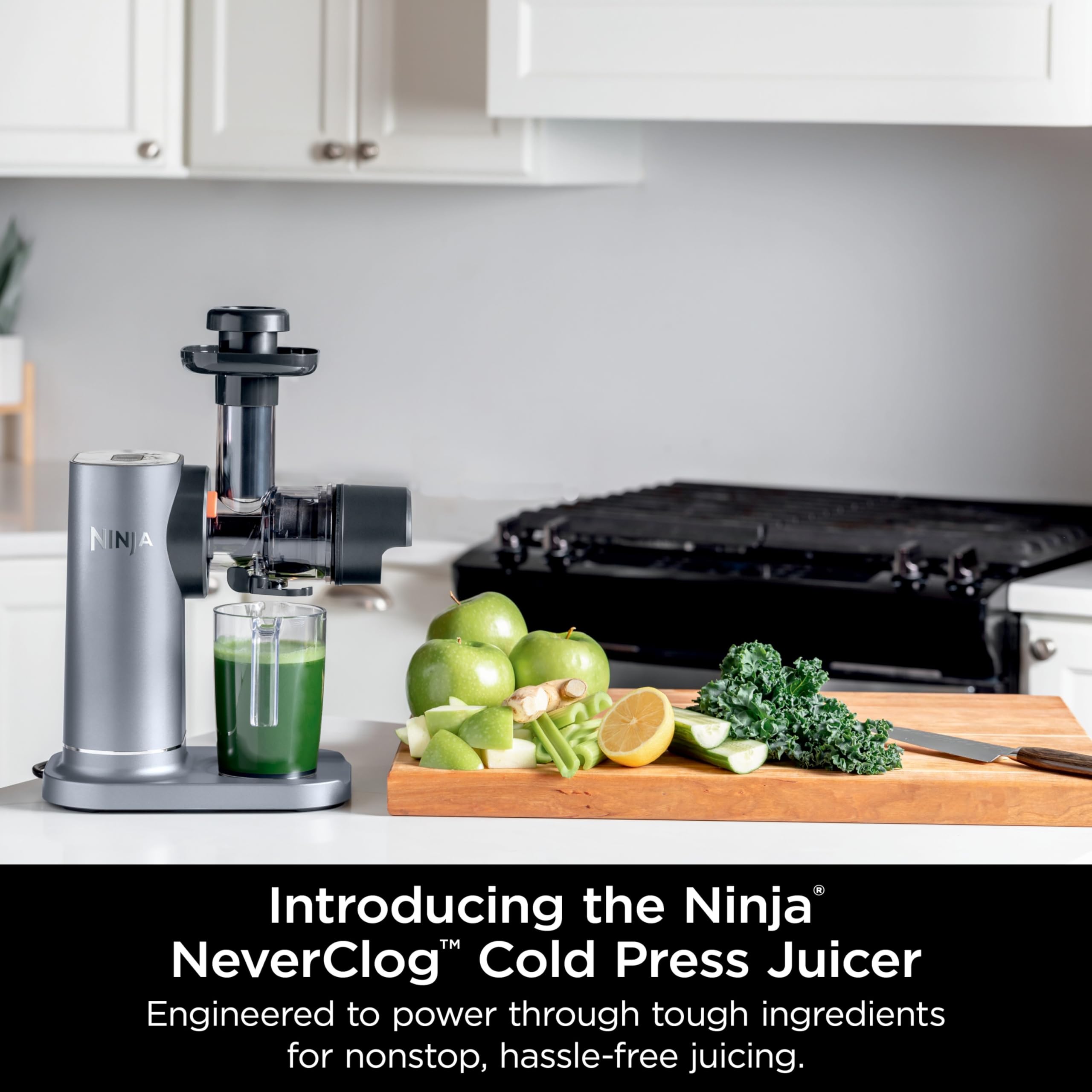 Ninja JC150 NeverClog Cold Press Juicer - Powerful Slow Masticating Juicer with Adjustable Pulp Control, Quiet Countertop Electric Juicer, 2 Pulp Settings, Dishwasher Safe, 2nd Gen (Renewed Silver) - Perfect for Healthy Juicing, Detox Drinks & Family Breakfasts