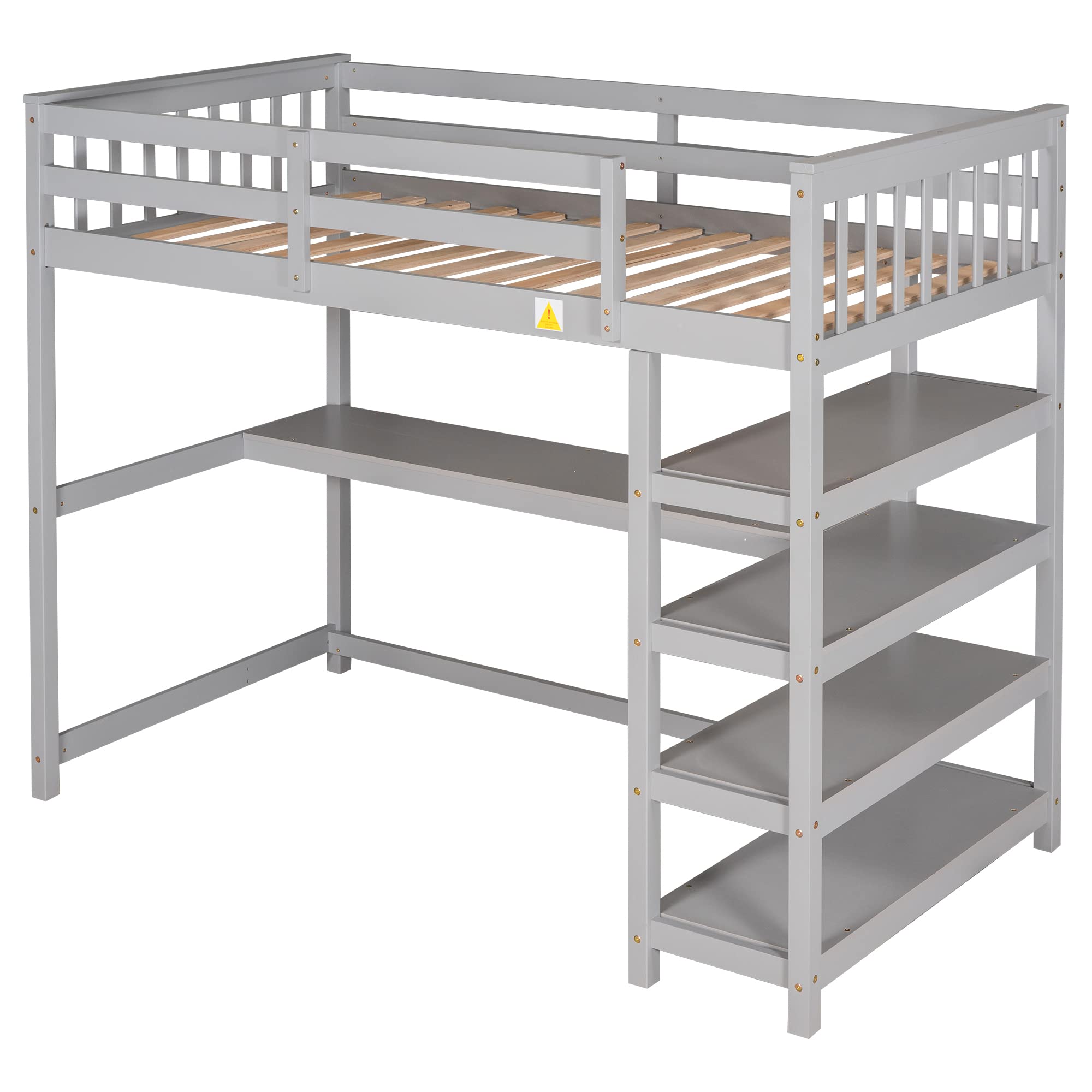 Harper & Bright Designs Twin Size Loft Bed with Desk & Storage Shelves - Space-Saving Wooden Loft Bed for Kids & Teens, No Box Spring Needed, Grey - Perfect for Small Bedrooms, Dorm Rooms & Studio Apartments