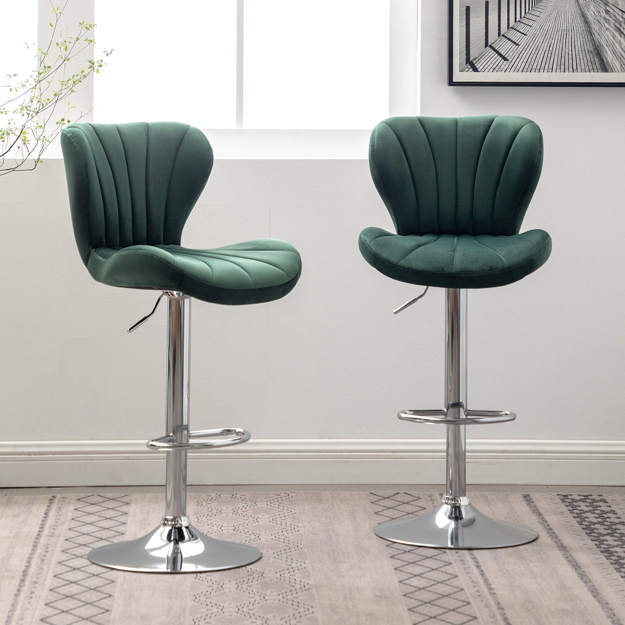 Roundhill Furniture Ellston Velvet Adjustable Swivel Bar Stools - Set of 2, Green Velvet Upholstery, Counter Height Stools for Kitchen Island, Bar or Breakfast Nook