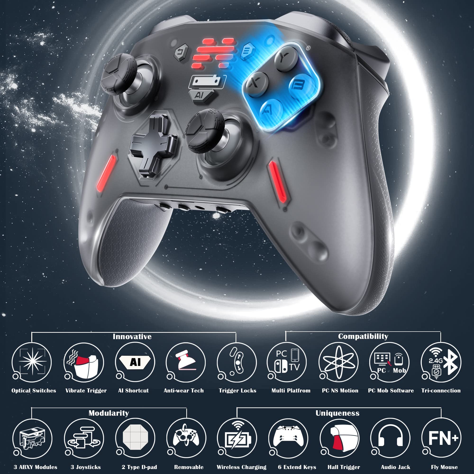 BEITONG Zeus 2 Elite Wireless Gaming Controller for PC, Windows, Steam Deck, Android, Nintendo Switch - Customizable Module, Optical Buttons, 1000mAh Battery, Motion Control, Vibration Triggers (Galaxy Black) - Perfect for FPS, RPG and Mobile Gaming