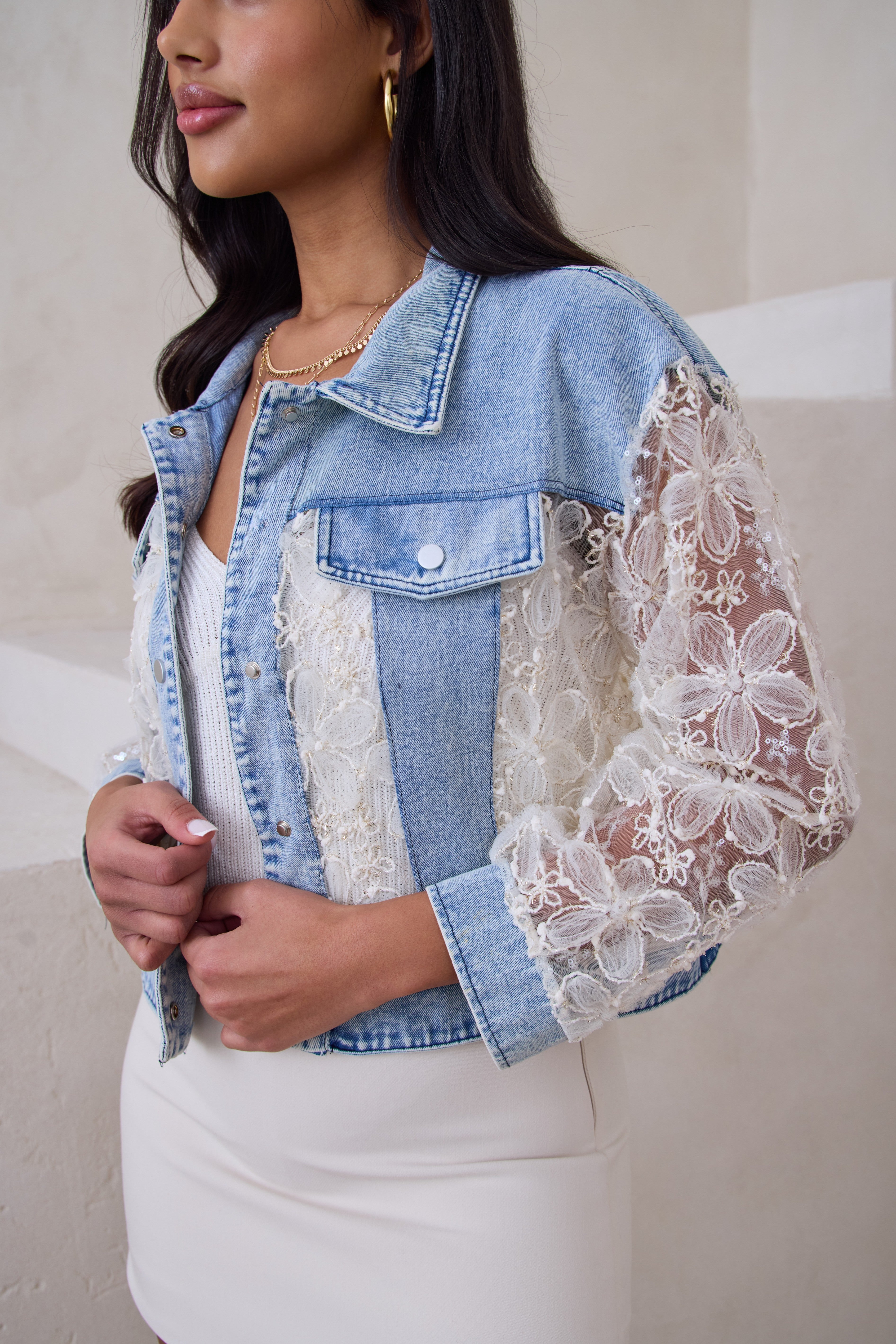 Stylish Women's Denim Lace Jacket - Fashionable Distressed Denim Coat with Lace Trim for Casual Outfits & Spring Layering | Perfect for Date Nights, Weekend Outings & Streetwear Fashion