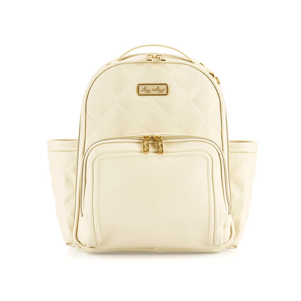 Itzy Ritzy Mini Plus Diaper Bag Backpack – Stylish Baby Bag with Changing Pad, 10 Pockets (6 Internal & 4 External), Grab Handle & Non-Slip Feet – Perfect for Moms & Travel (Milk & Honey)