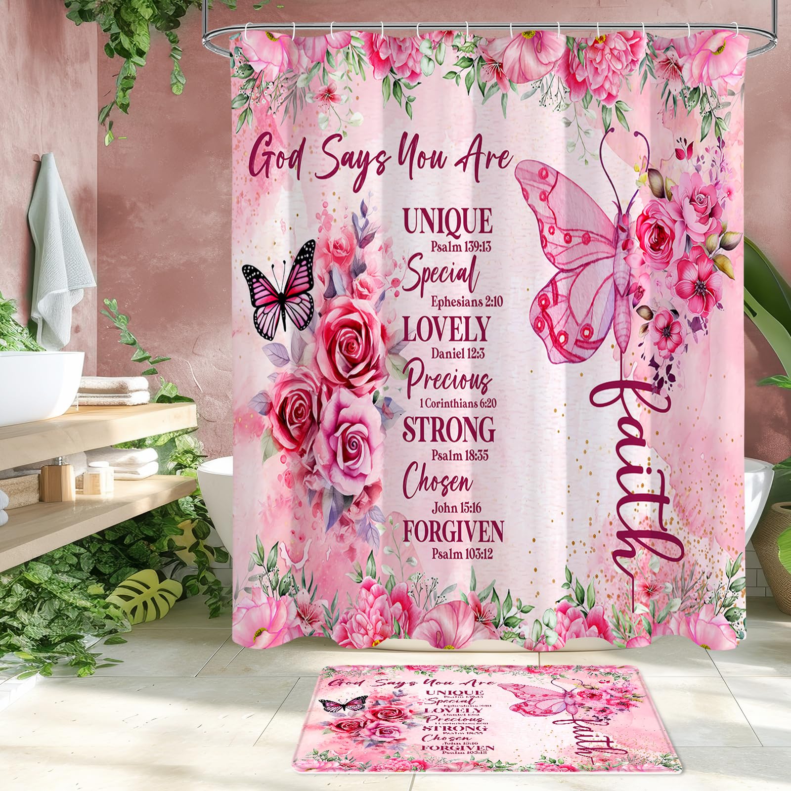 4 Pcs Pink Butterfly Inspirational Quotes Shower Curtain Set with Rugs & Toilet Cover - Waterproof Boho Bathroom Decor with Bible Verses & Floral Design - Perfect for Girls' Room, Guest Bathroom & Spa-Style Retreats