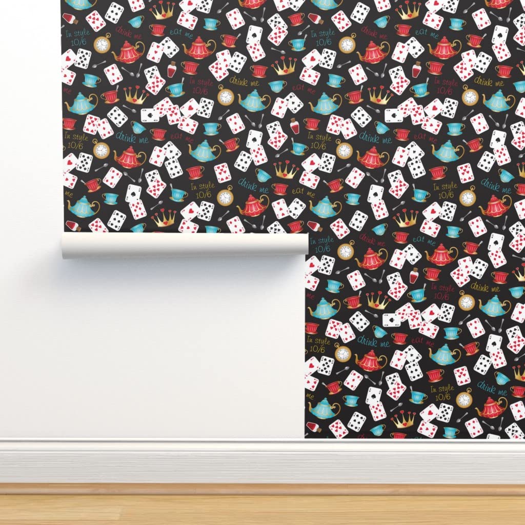 Peel & Stick Removable Wallpaper - Vintage Tea Party Design with Cards, Crowns, Teapots & Teacups | 9ft x 2ft Self-Adhesive Wallpaper for Kitchen, Nursery, or Playroom Decor | Whimsical Spoonflower Custom Wallpaper