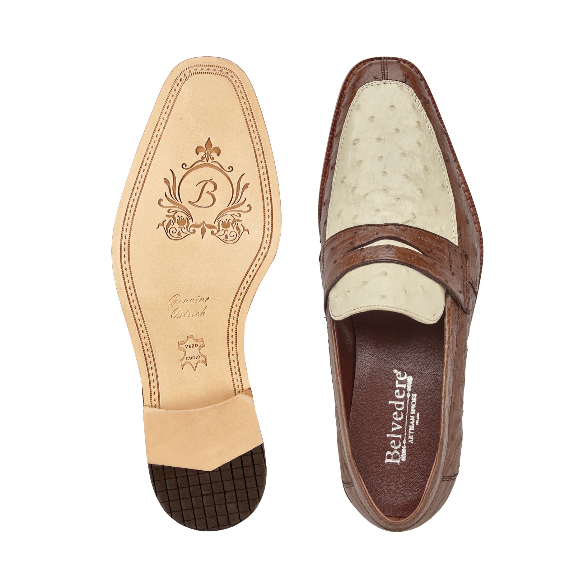 Belvedere Espada Genuine Ostrich Leather Dress Shoes for Men - Tabac/Bone 02440 - Perfect for Business Meetings & Formal Occasions