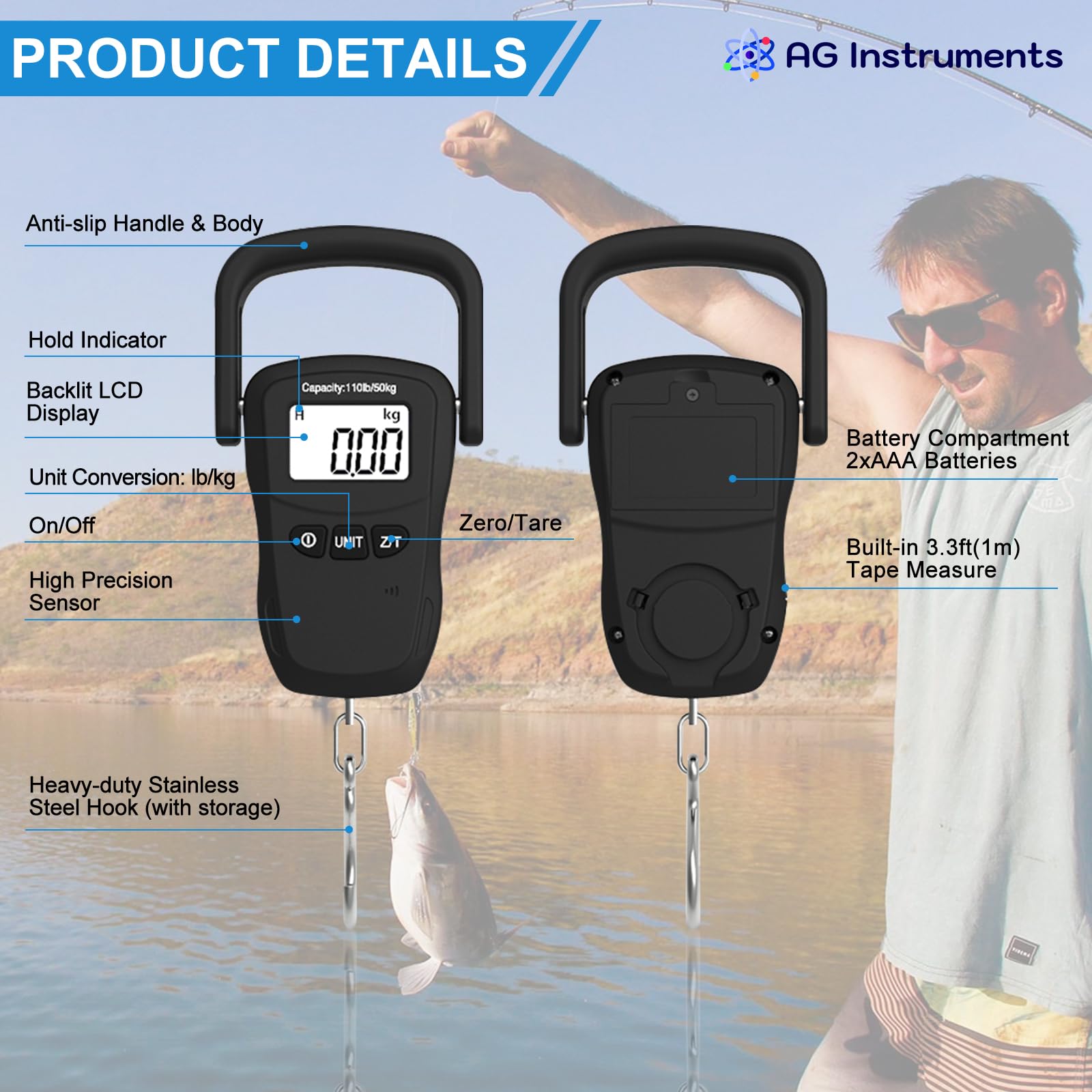 Digital Fish Scale with Large Handle - 110lb Capacity & 1.6oz Accuracy - Hanging Scale with Measuring Tape - Perfect for Fishing, Luggage Weighing & Hay Measurement