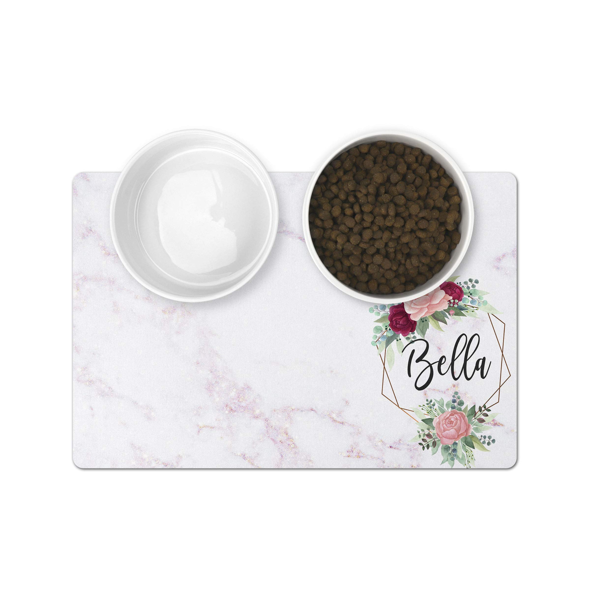 Personalized Waterproof Non-Slip Pet Feeding Mat with Raised Edges - Perfect for Cats & Dogs Food Bowls and Water Dishes - Ideal for Messy Eaters, Spill Prevention & Easy Cleaning (12x18 Inch, Floral Marble Design) - Great Gift for Pet Lovers & Home Use