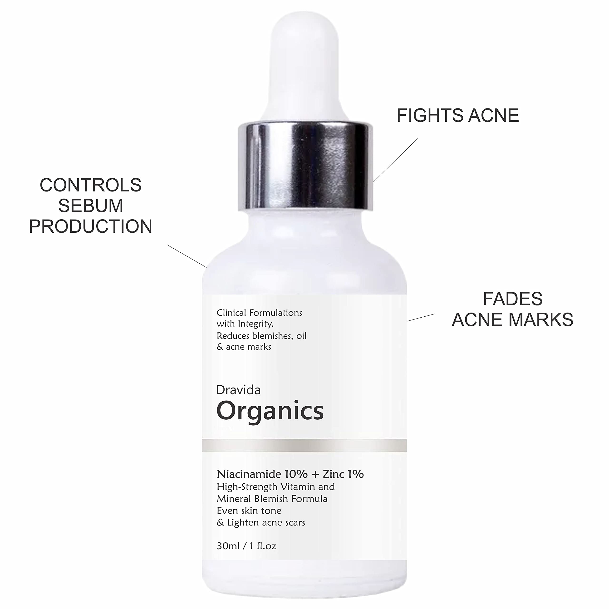 Dravida Organics 10% Niacinamide Face Serum for Acne Marks & Blemish-Prone Skin - Brightening & Oil Control Treatment for Men & Women - 30ml - Perfect for Daily Skincare & Acne Scar Reduction