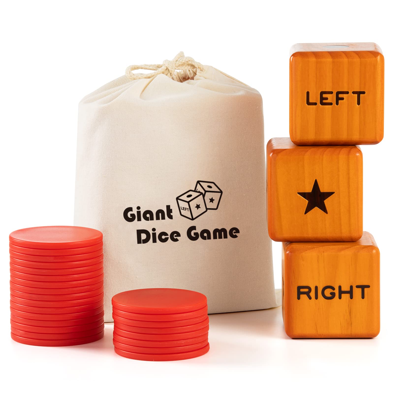 Giant Right Center Left Dice Game Set with 24 Large Chips & Carry Bag - 3.5 Inch Wooden Outdoor Lawn Dice for Family Game Night, Parties, Camping and Backyard Fun