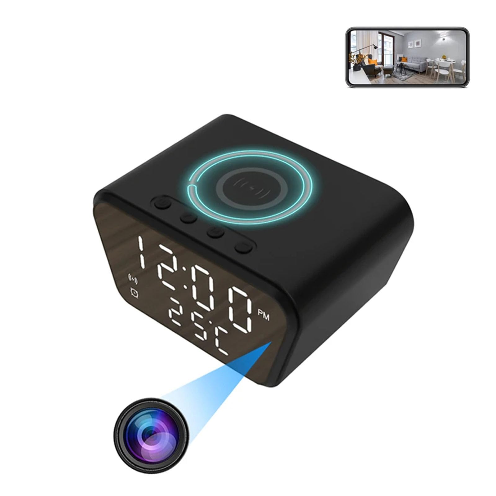 FKINGLRK Smart WiFi Desk Clock with Temperature Monitoring, LED Display, Wireless Charging & 1080P HD Indoor Surveillance Camera - Perfect for Home Security, Office Monitoring, and Nightstand Charging