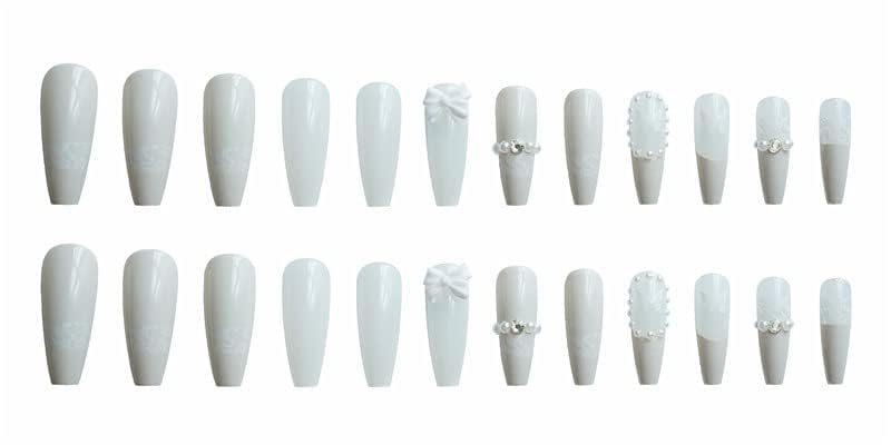 24-Piece Long Press-On Nails - French White Ballerina Style with Flash Diamond Crystals | Full Cover Acrylic Fake Nails with Rhinestones for Women & Girls | Perfect for Parties, Weddings, and Special Occasions