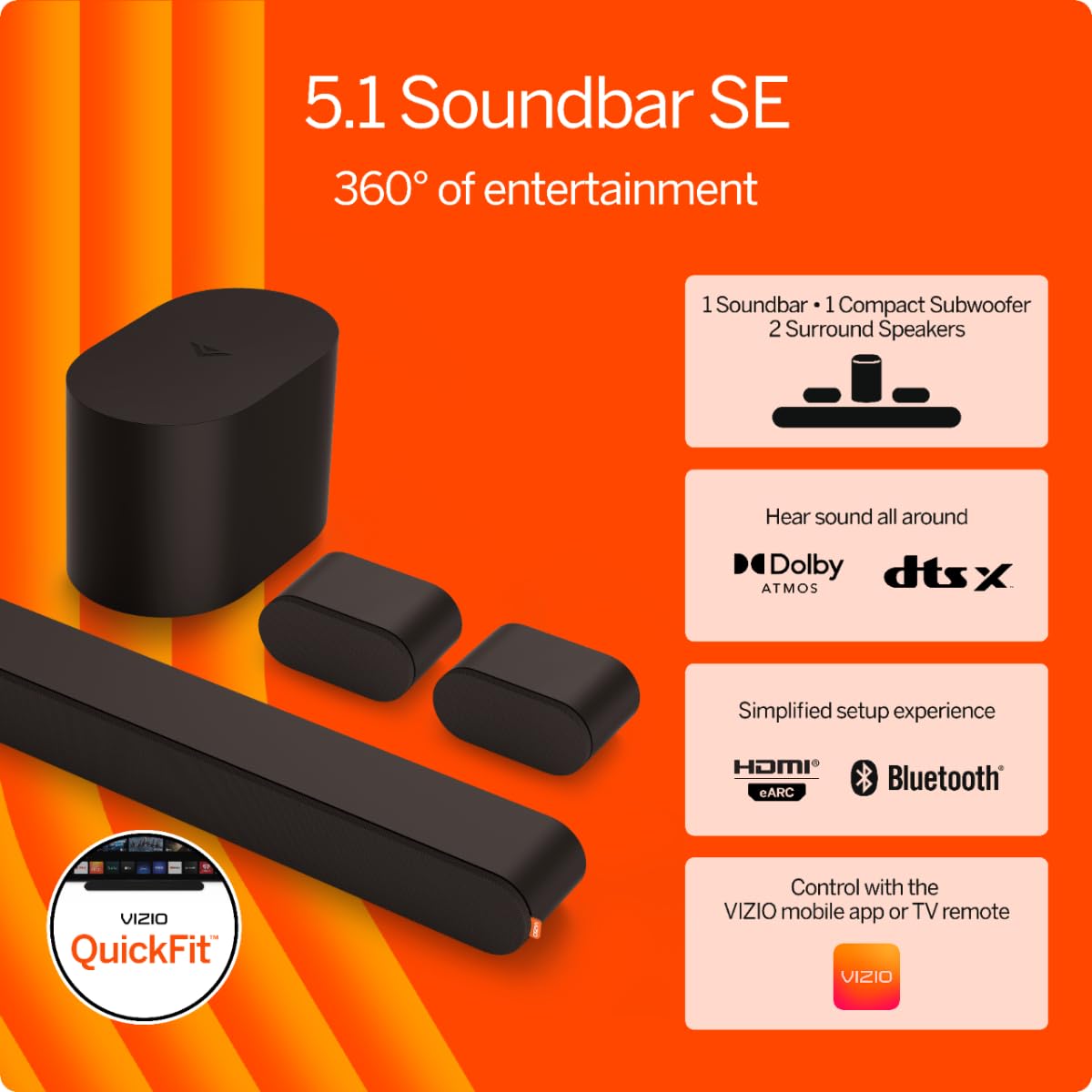 VIZIO 5.1 Channel Soundbar System with Wireless Subwoofer | Dolby Atmos & DTS:X Surround Sound | Bluetooth Speaker | SV510X-0806 (2024 New Model) | Perfect for Home Theater, Gaming & Movie Nights