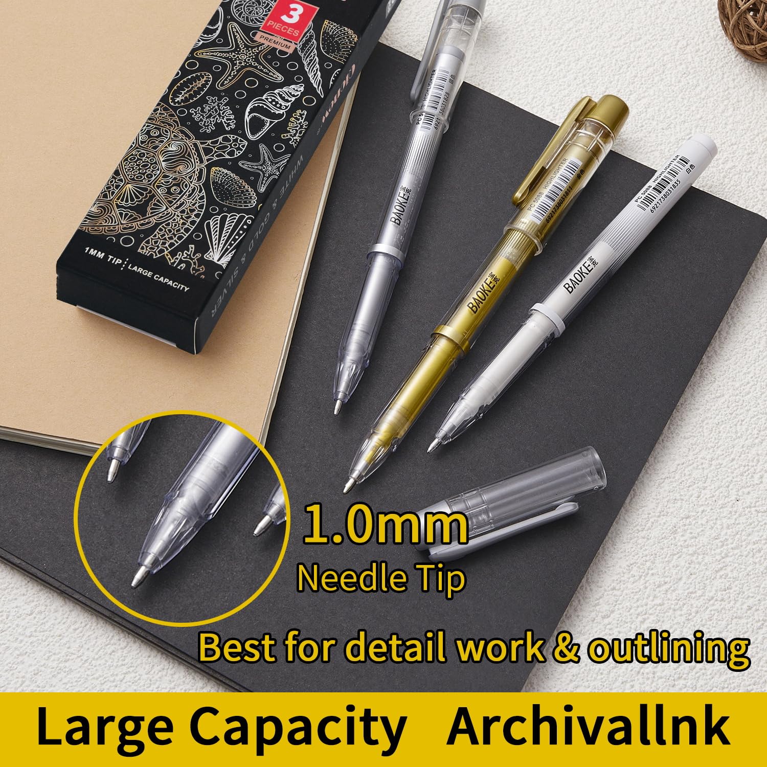 Premium 3-Color Gel Pen Set (White, Gold, Silver) - 1mm Fine Point for Black Paper Drawing, Sketching & Calligraphy - Perfect for Bullet Journaling, Card Making & Artistic Illustrations - Ideal Gift for Artists & Craft Lovers