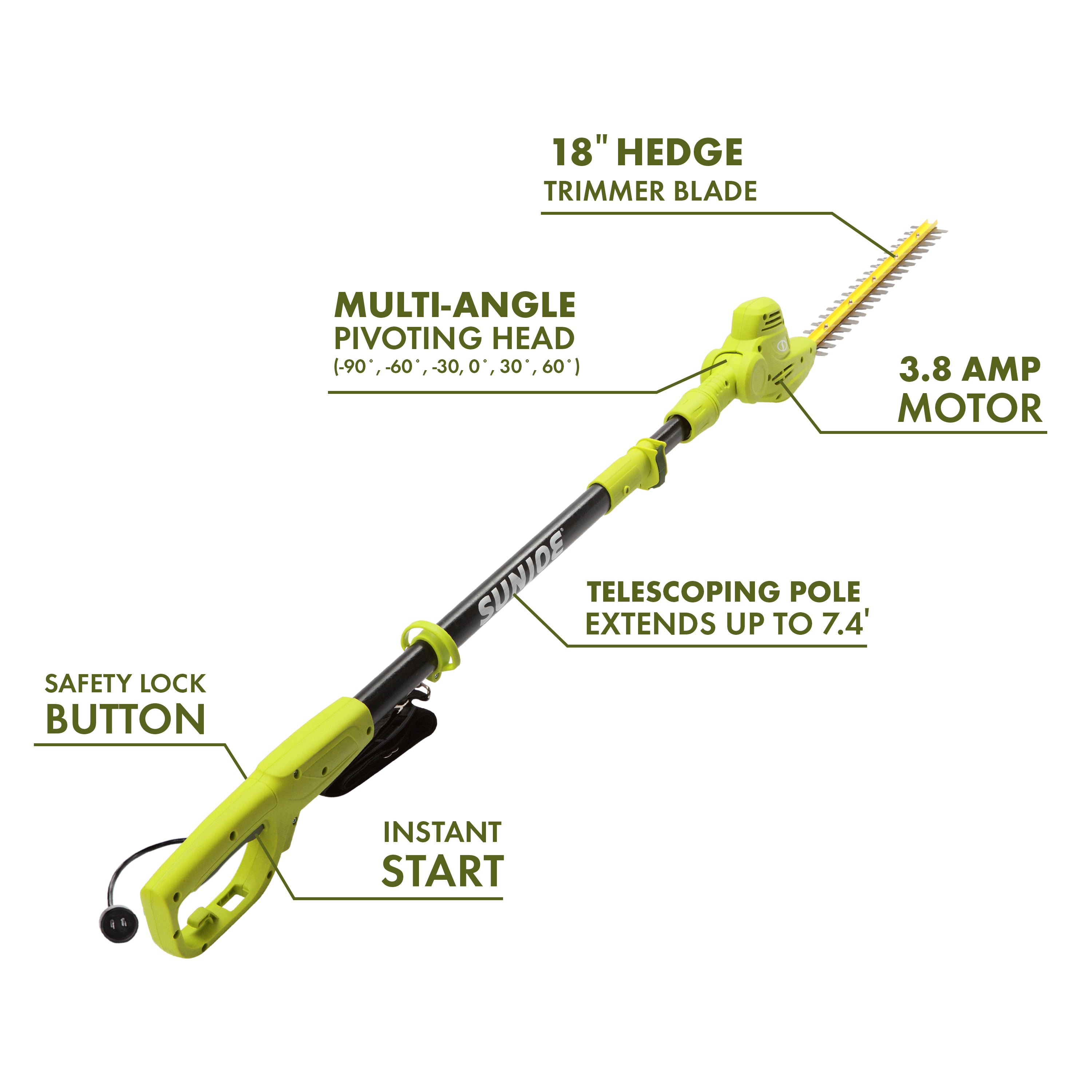 Sun Joe SJH901E 18-Inch 3.8 Amp Electric Pole Hedge Trimmer with Multi-Angle Adjustment - Perfect for Tree Trimming, Shrub Shaping & Garden Maintenance