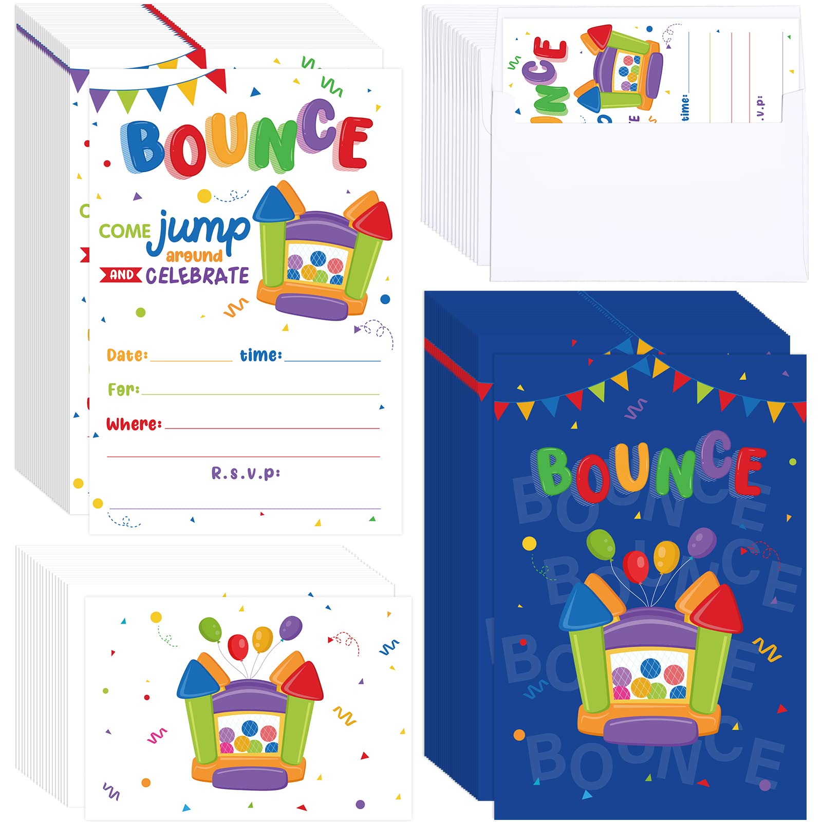 30-Pack Bounce House Birthday Party Invitations with Castle Envelopes - Jumping Party Invite Cards for Boys & Girls - Trampoline Birthday Party Supplies (Blue) - Perfect for Indoor/Outdoor Bounce House Celebrations and Kids' Birthday Events
