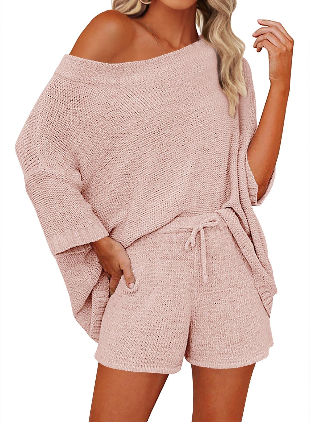 Mafulus Women's 2 Piece Sweater Set - Off Shoulder Knit Top & Shorts Matching Lounge Outfit | Cute Pajama Set for Sleepwear, Loungewear & Home Comfort (Beige, Medium)